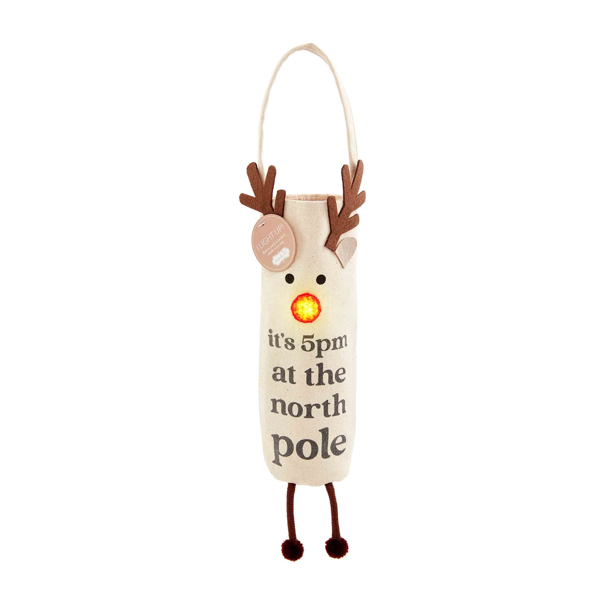 Mud Pie Light-Up Reindeer Wine Bottle Gift Bag - "It's 5pm at the North Pole" Canvas Christmas Carrier