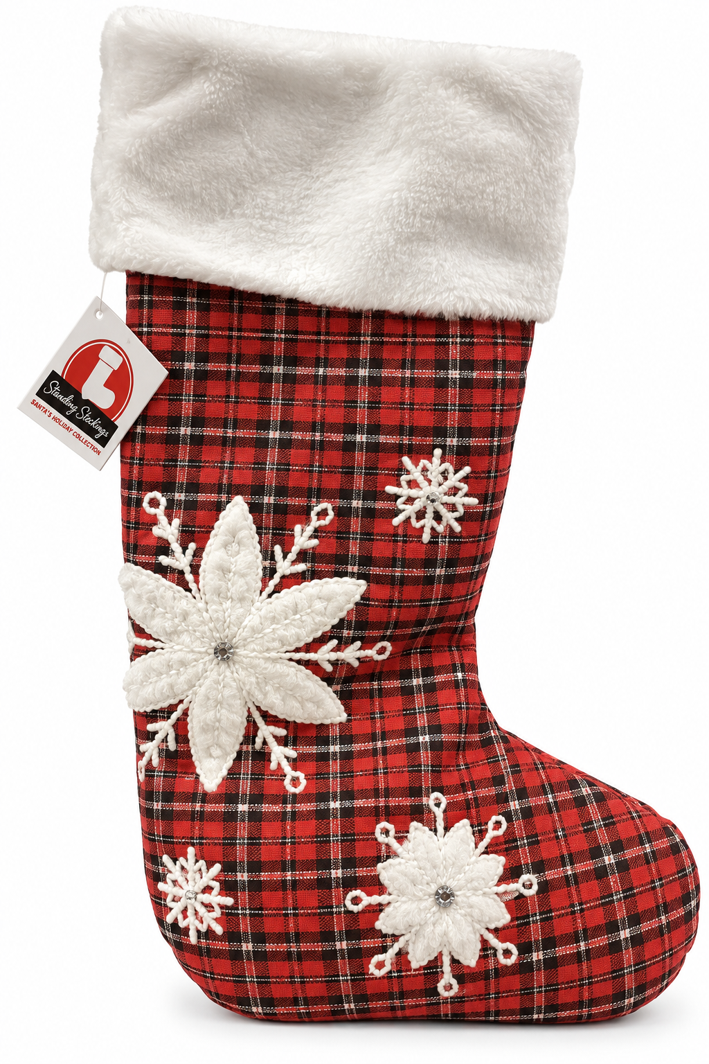 Standing Stocking Red Plaid White Poinsettia Snowflake Standing Christmas Stocking