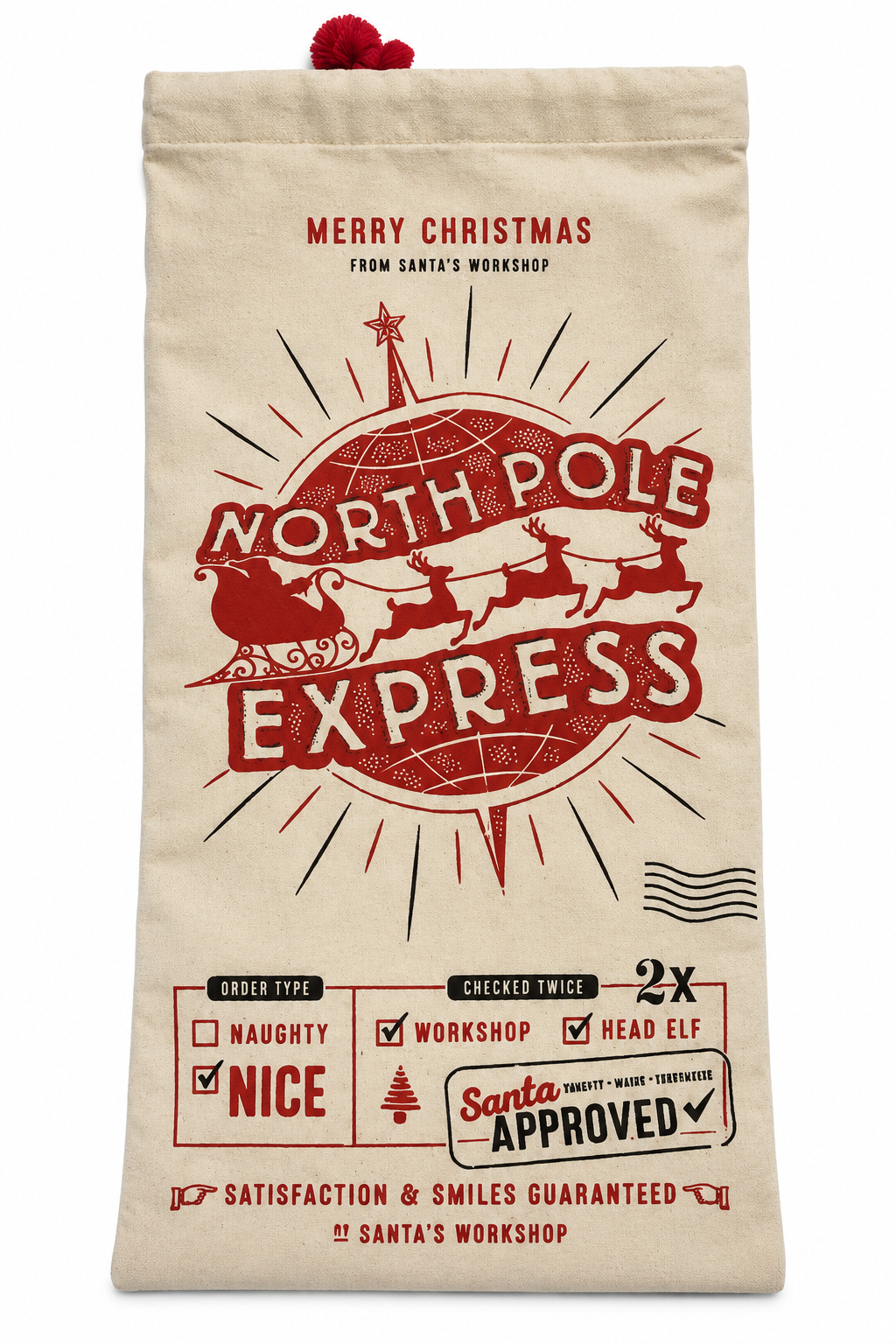 "North Pole Express" Drawstring Christmas Wine & Gift Bag - Santa Approved Canvas Sack