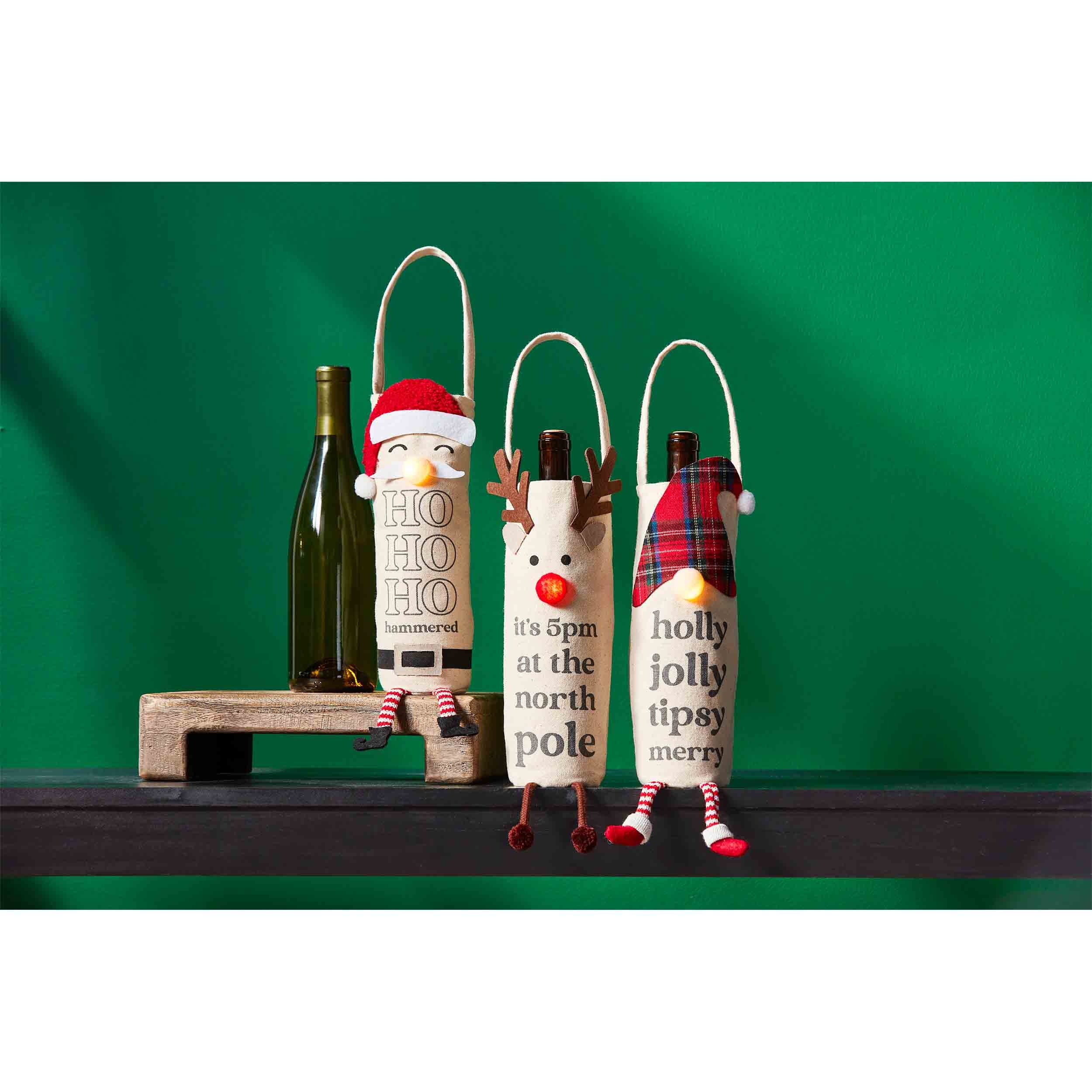 Mud Pie Light-Up Reindeer Wine Bottle Gift Bag - "It's 5pm at the North Pole" Canvas Christmas Carrier