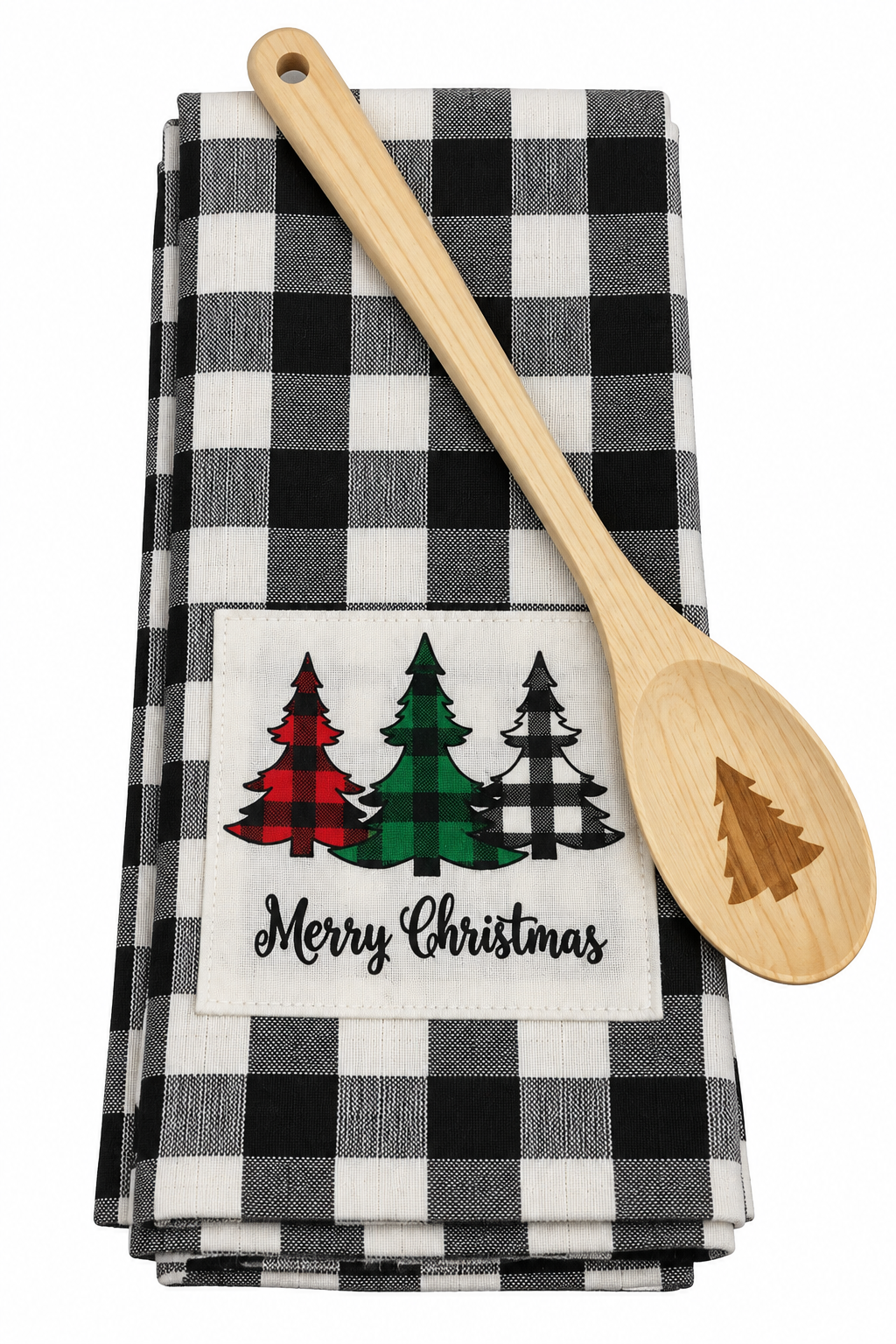"Merry Christmas" Plaid Trees Nidico Kitchen Towels & Spoon 3 Pk Set