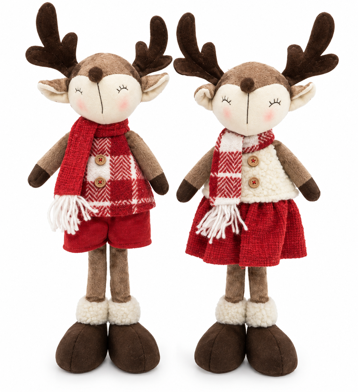 Plush Reindeer Couple Figurine Set Red Buffalo Plaid Holiday Decor