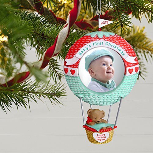 Hallmark Keepsake Ornament 2018 Personalized Year Dated, Baby's First Christmas Love's Journey Begins Picture Frame, Photo, Hot Air Balloon