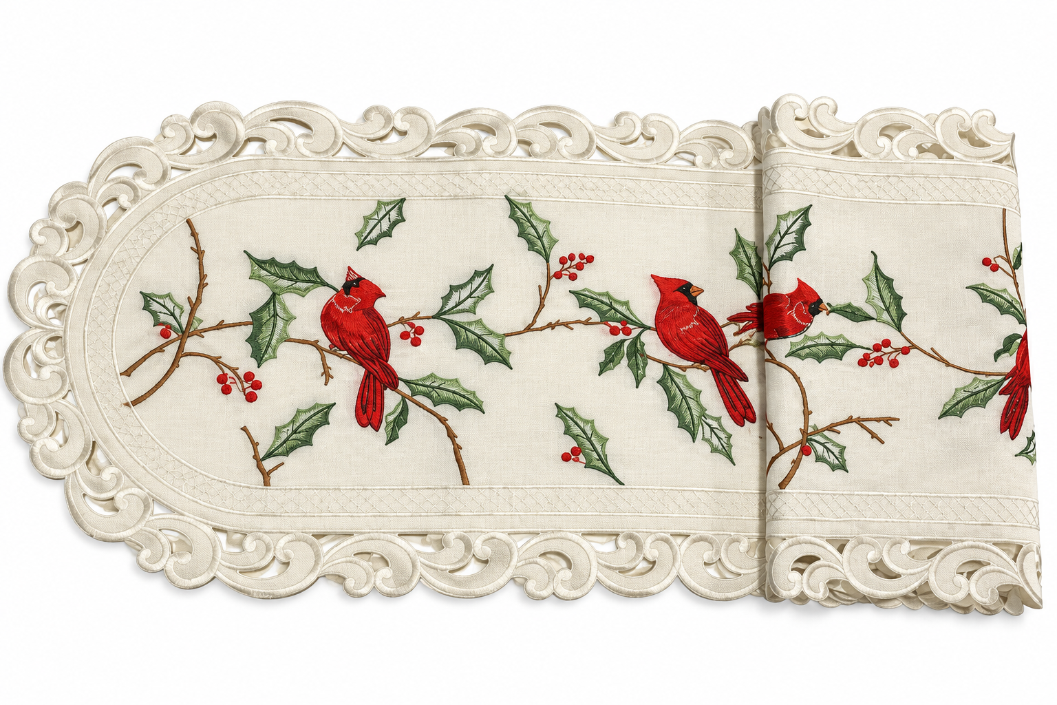 Embroidered Red Cardinal Long Table Runner Holly Cutwork 16" x 72"