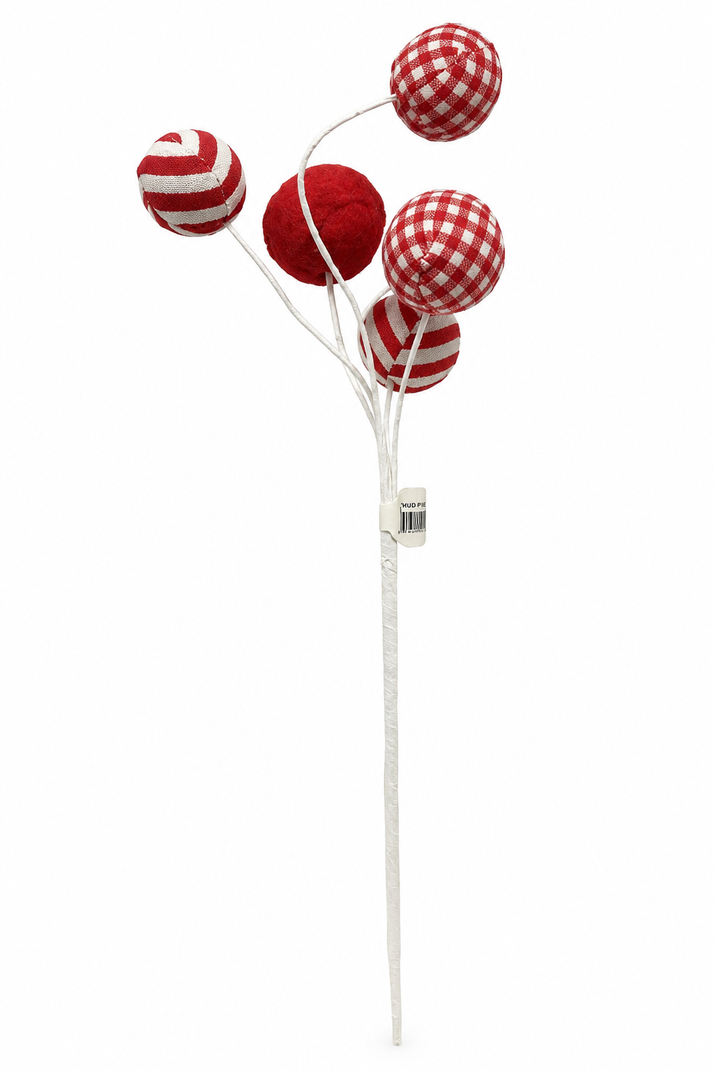 Red and White Fabric Ball Holiday Christmas Tree Pick Floral Spray Stem - 16"