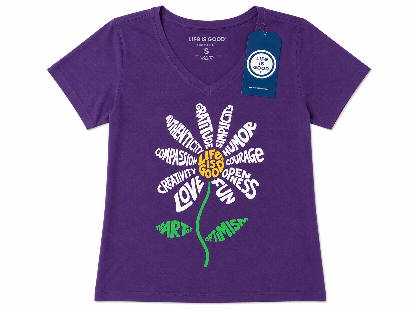 SM Life is Good Women's "The Art of Optimism" Flower Graphic Crusher V-Neck T-Shirt (Purple, Size S)