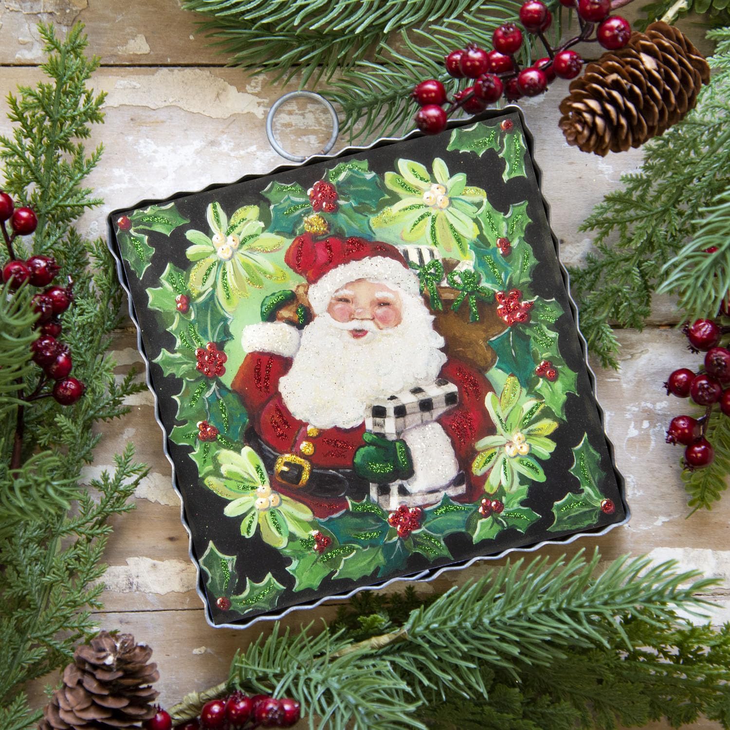 The Round Top Collection Mini Hamilton Holly Santa Crimped Metal Plaque