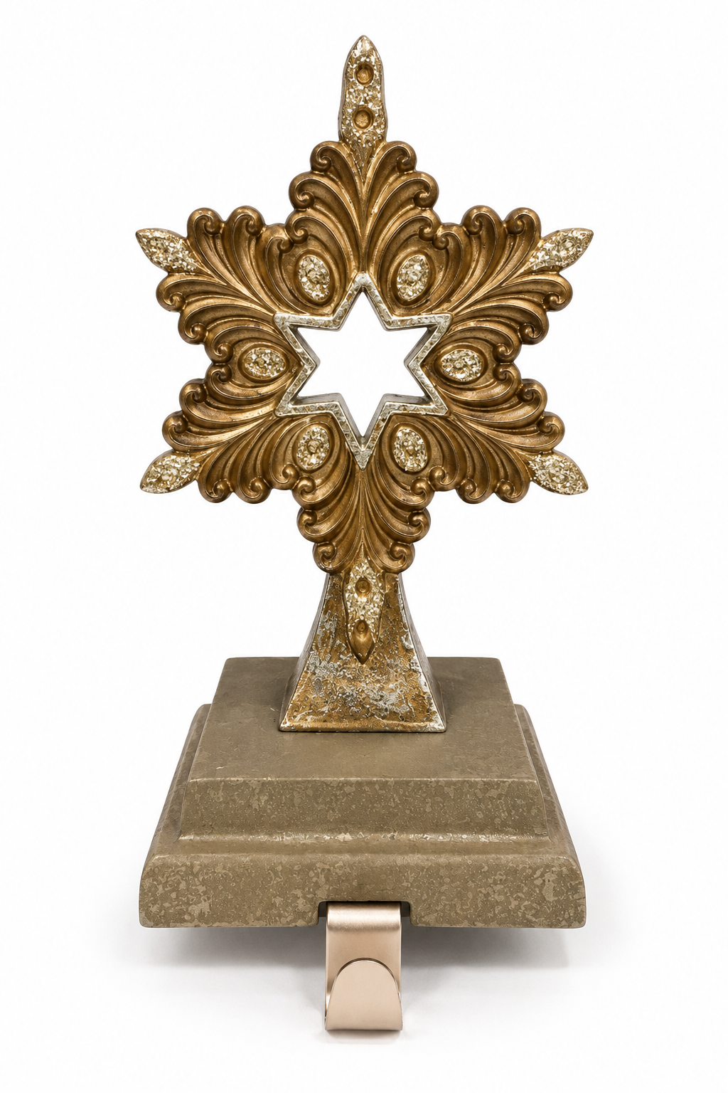 Gold Antique Snowflake Christmas Stocking Holder Mantel Hanger