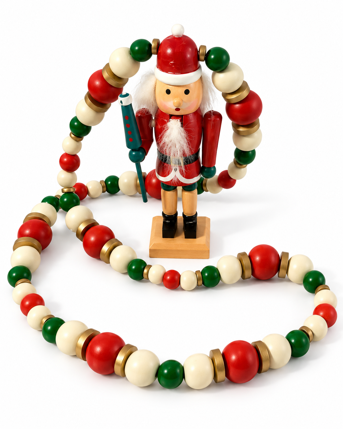Wooden Santa Nutcracker with Bead Garland Decor Accent