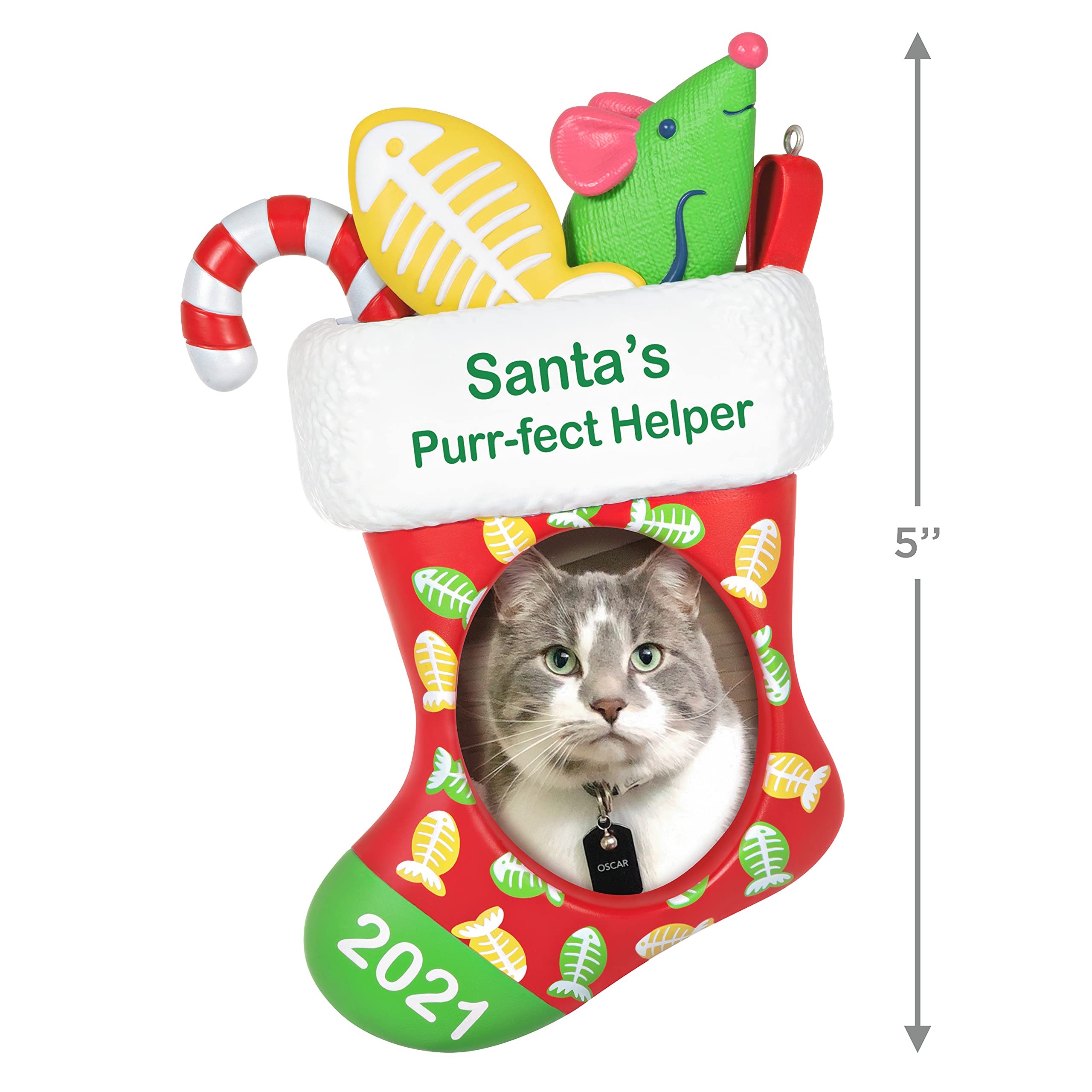 Hallmark Keepsake Christmas Ornament, Year Dated 2021, Santa's Purr-FECT Helper Cat Stocking Photo Frame