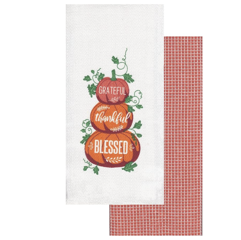Thanksgiving Kitchen Dish Towels Cotton Set of 2 Fall Theme Decor (Grateful Thankful Blessed)