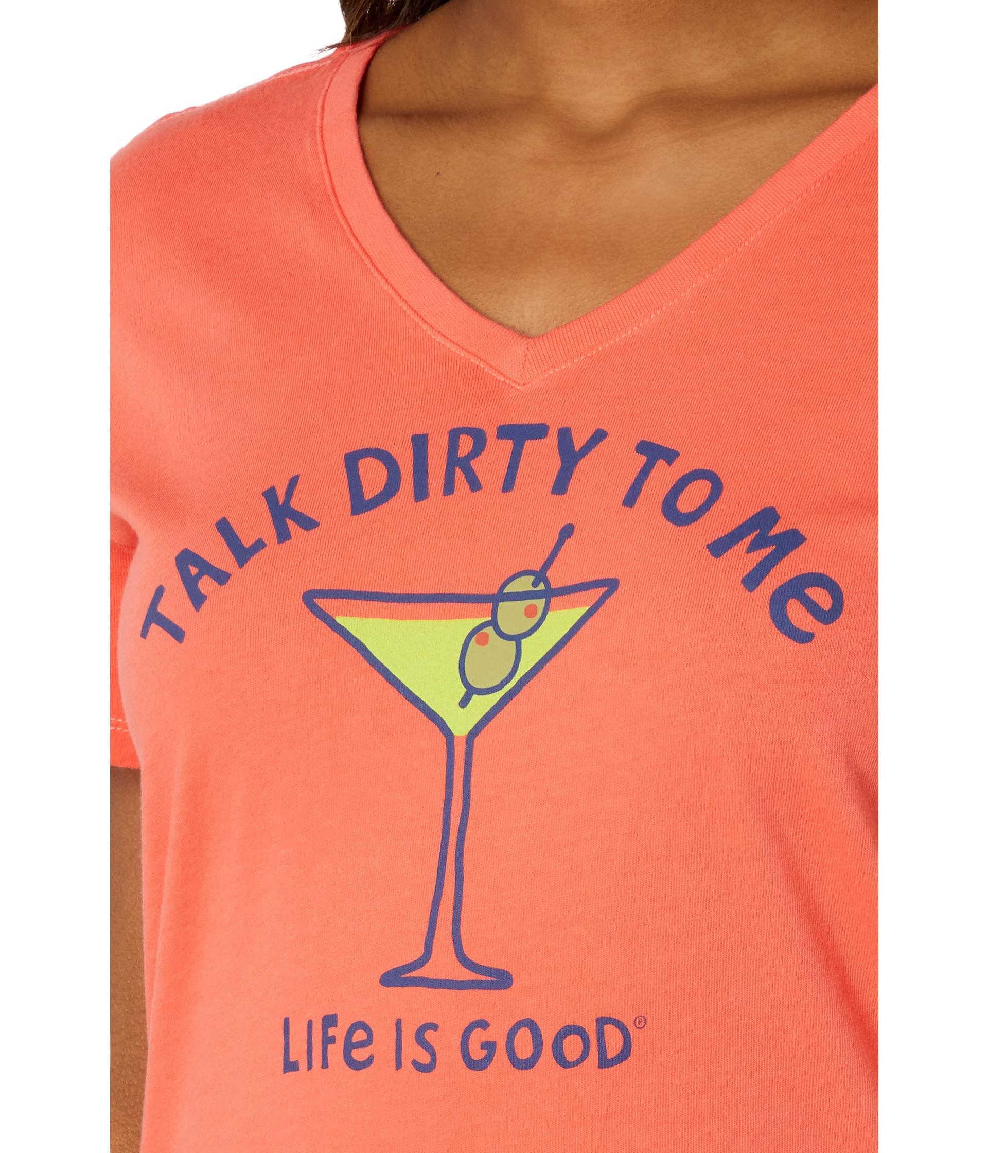 SM Life is Good® Women’s "Talk Dirty To Me" Martini Graphic V-Neck Crusher Tee – Coral Pink