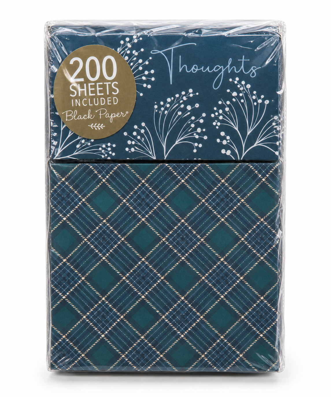 "Thoughts" Navy Blue Plaid Flip-Top Note Block Box - 200 Blank Sheets
