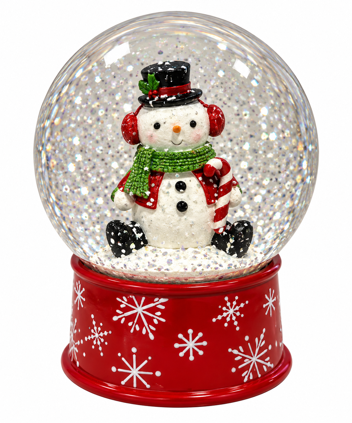 "Snowman with Candy Cane" Red Snowflake Base Mini Snow Globe
