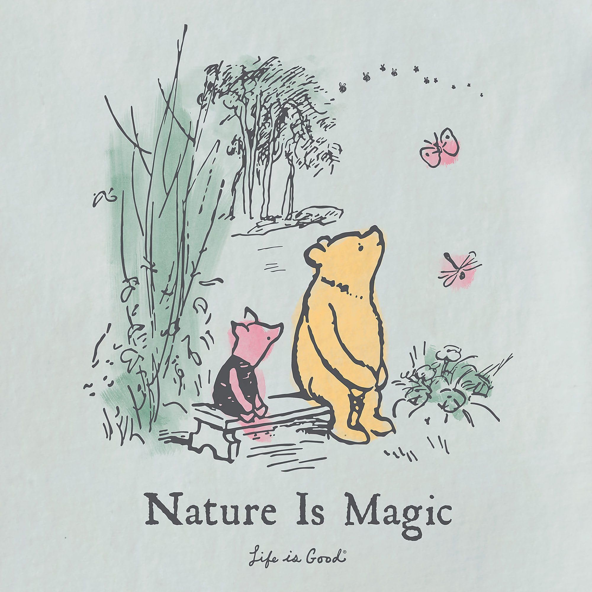 MD Life is Good Disney Winnie the Pooh "Nature Is Magic" Graphic Crusher T-Shirt (Light Gray, Size M)