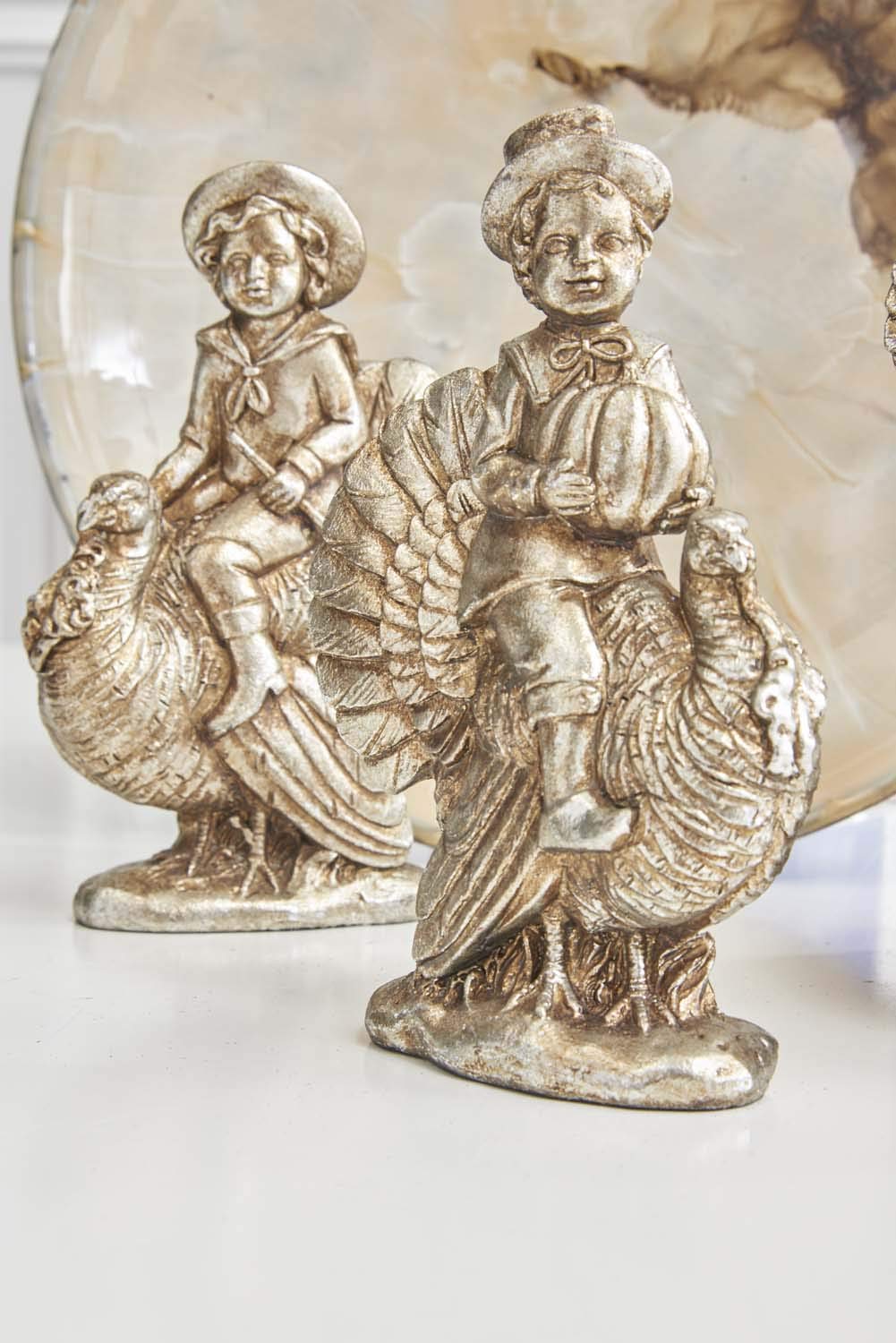 7.25 Inch Antique Silver Resin Children with Turkeys