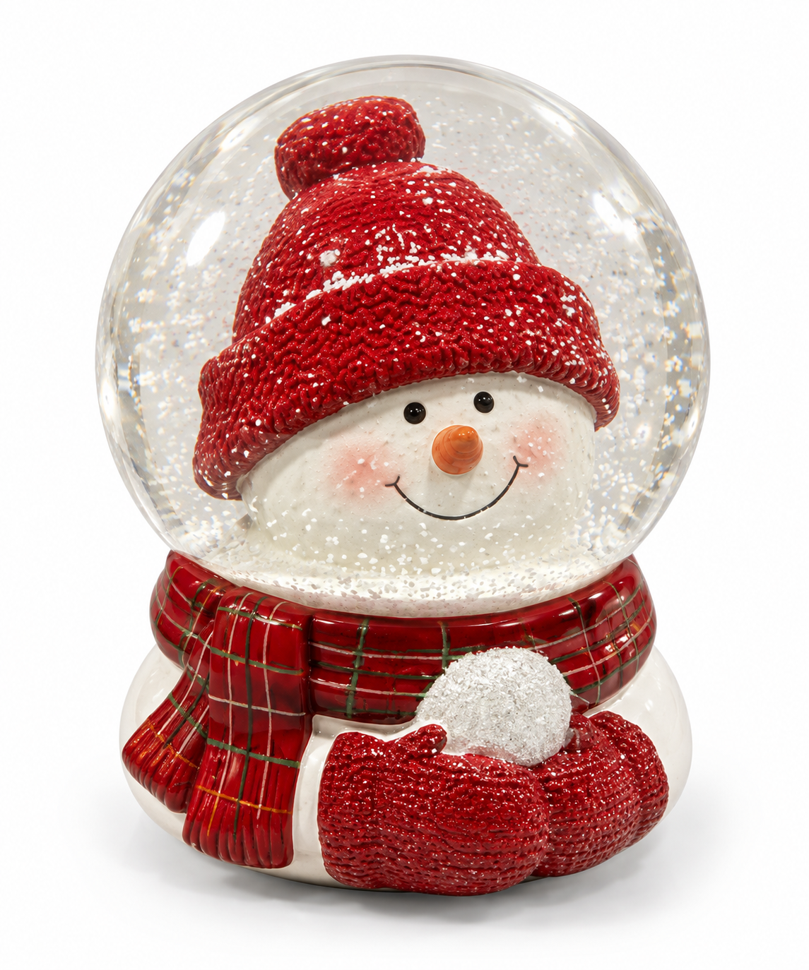 Snowman in Red Beanie Knit Hat & Snowball Glass Christmas Snow Globe