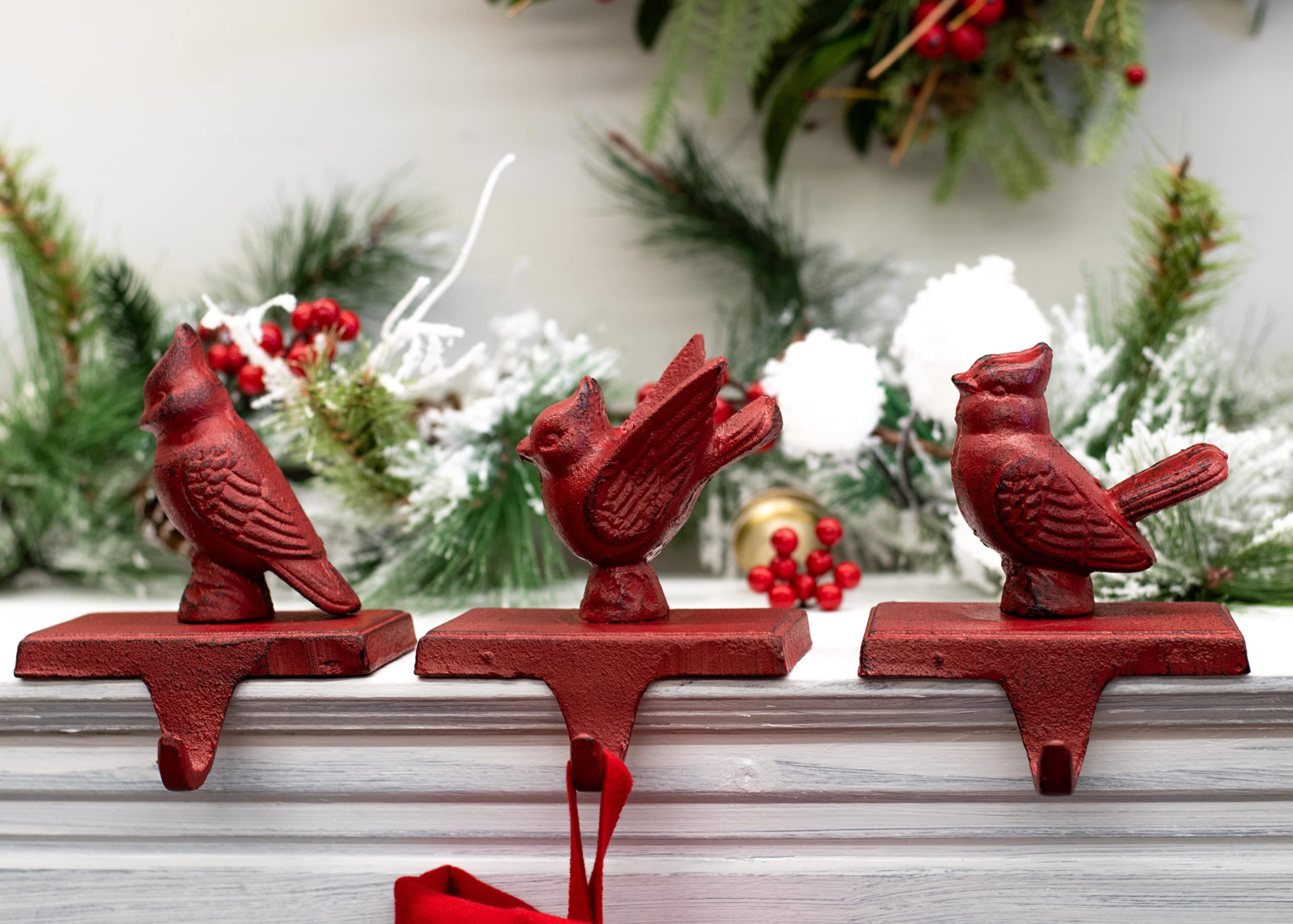 Transpac Cast Iron Cardinal Stocking Holders, Set of 3, Red, 5.6 Inch