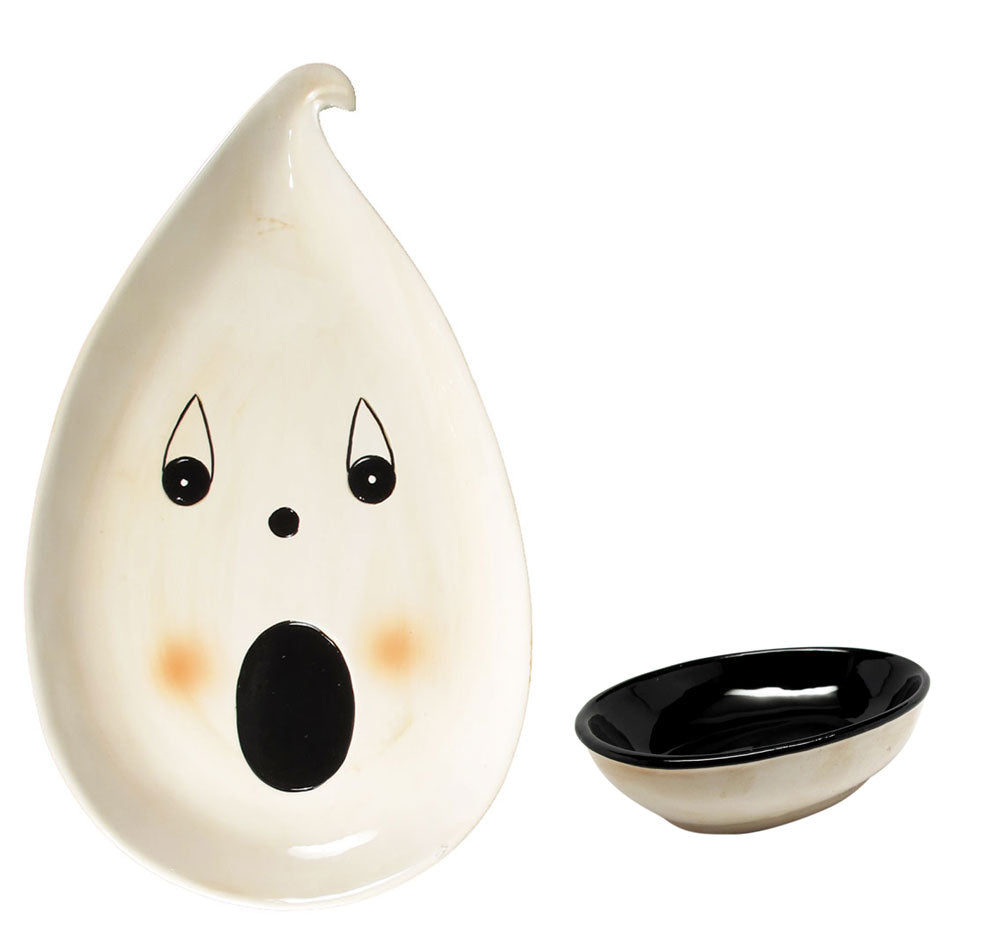 Johanna Parker Halloween Serving Tray Ghost Halloween Platter and Dip Bowl For Halloween Party Accessory