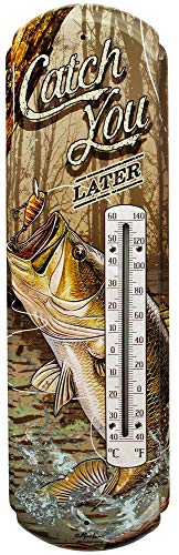 Country Side 17” x 5” Tin Metal Thermometer, Catch You Later - Non Mercury Vertical Temperature Monitor with Accurate Fahrenheit and Celsius Readings - Bass and Fishing Bait Boat House Wall Decor