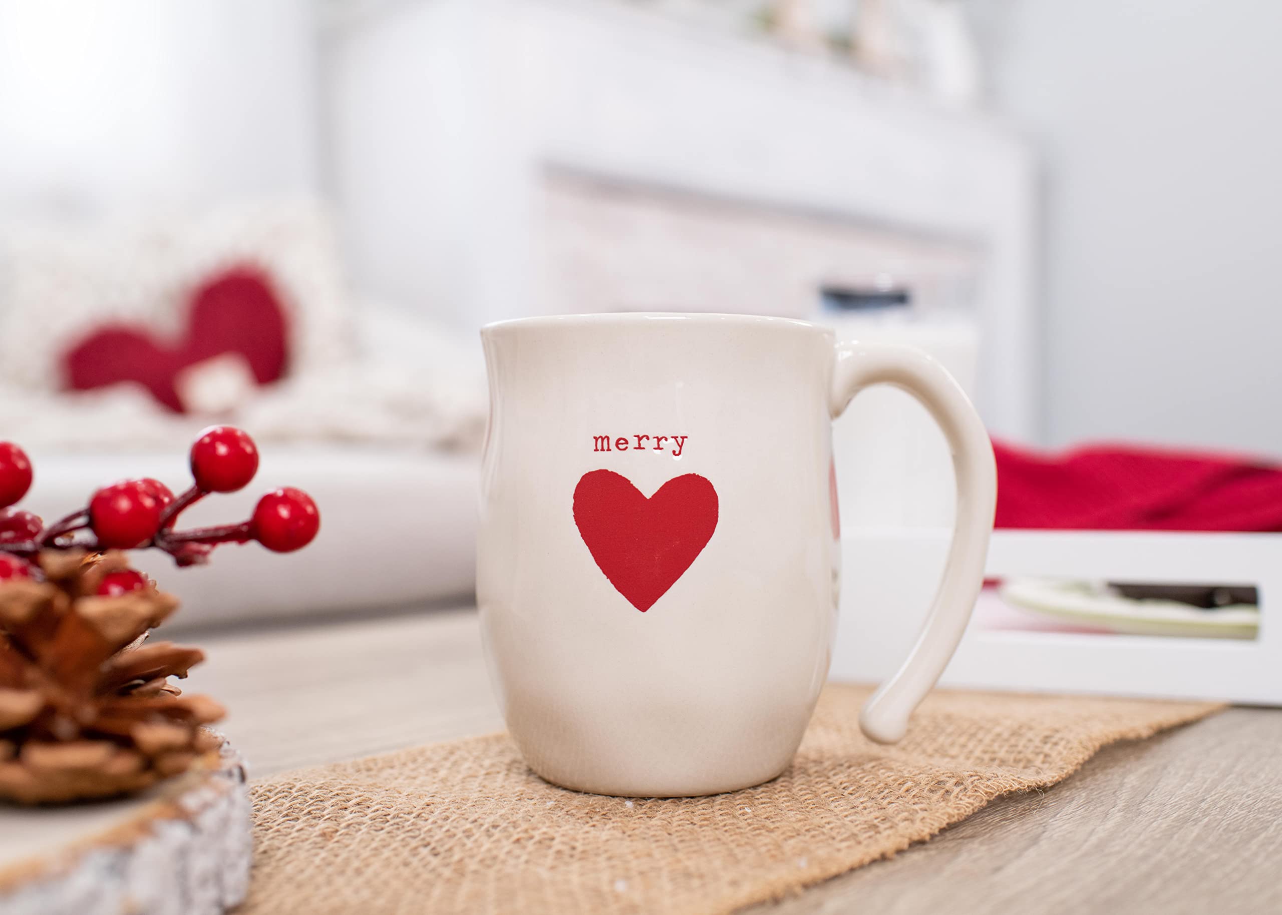 DEMDACO Merry Red Heart Cream 16 ounce Stoneware Christmas Mug