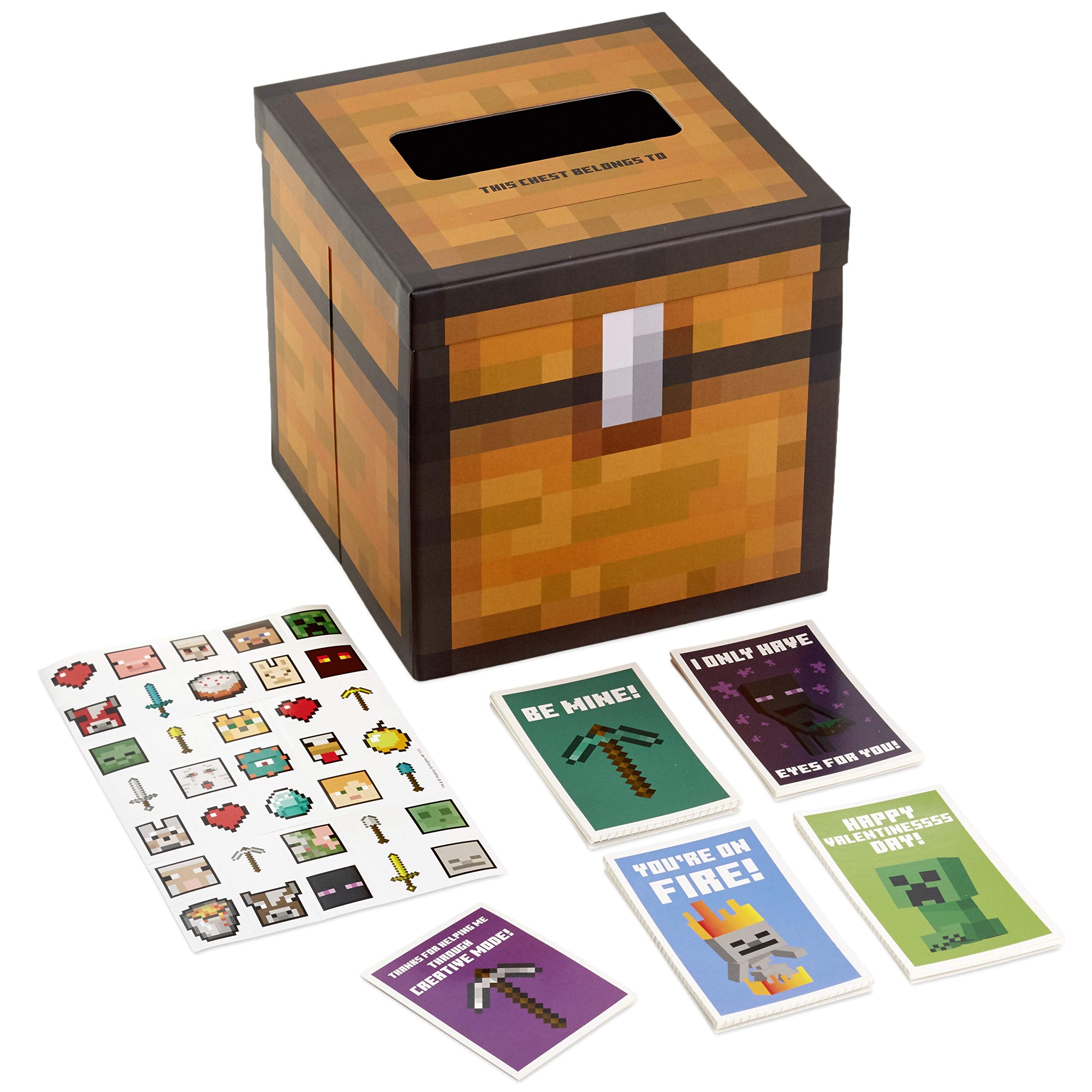 Hallmark Minecraft Valentines Day Cards and Mailbox for Kids School Classroom Exchange (1 Box, 32 Valentine Cards, 35 Stickers, 1 Teacher Card)