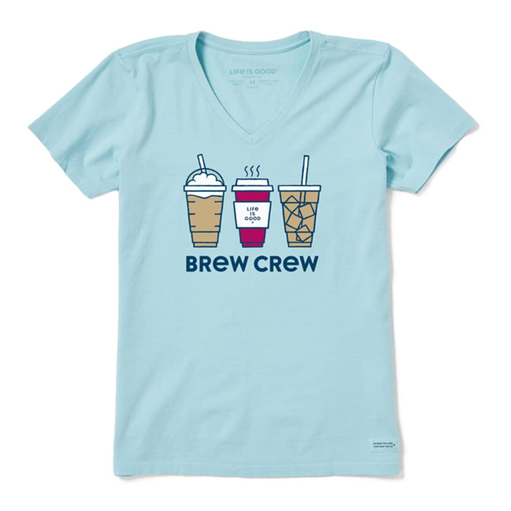 SM Life is Good Women's "Brew Crew" Coffee Graphic Crusher-Lite V-Neck T-Shirt (Light Aqua/Mint Blue, Size S)