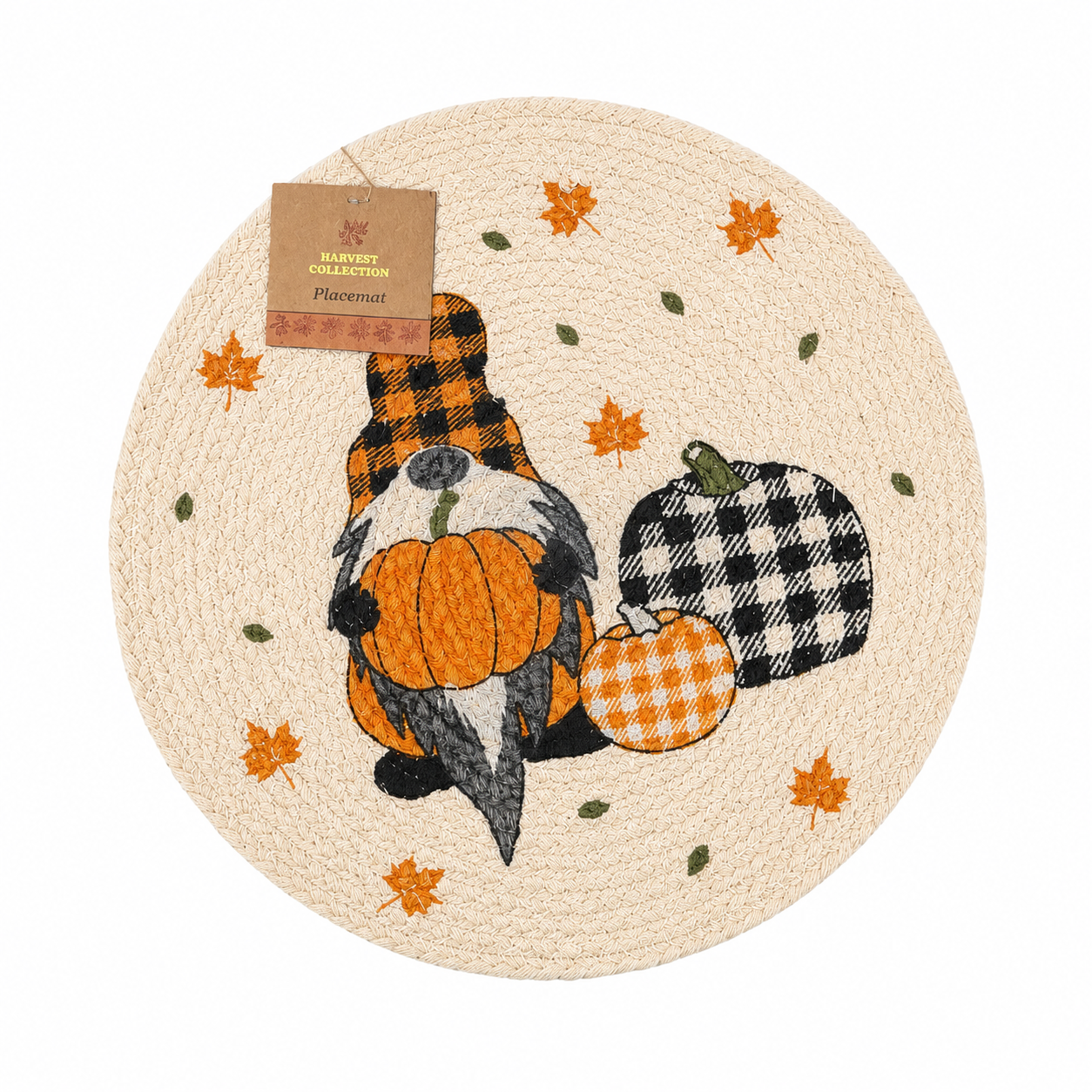 Harvest Collection Buffalo Check Gnome Braided Round Placemat