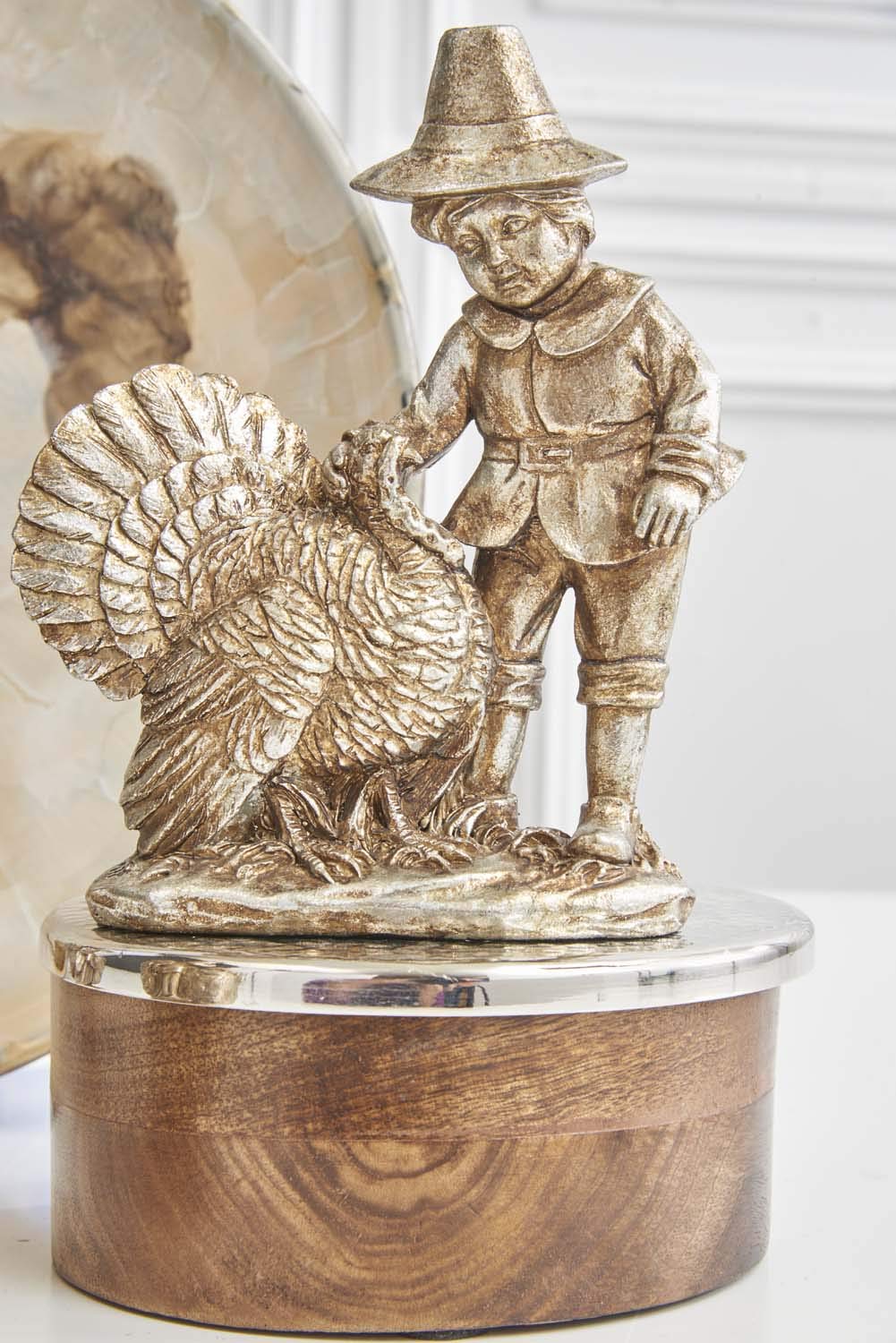 7.25 Inch Antique Silver Resin Children with Turkeys