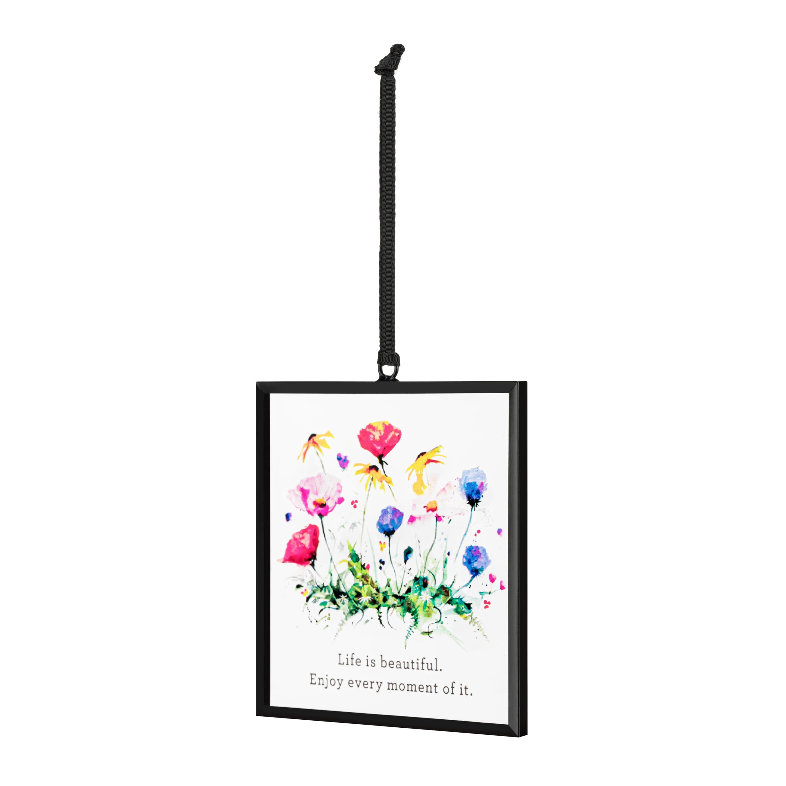 DEMDACO Dean Crouser Collection Life is Beautiful Enjoy Every Moment of It Watercolor Wildflowers 3 x 3 Iron and Glass Square Suncatcher Ornament Display