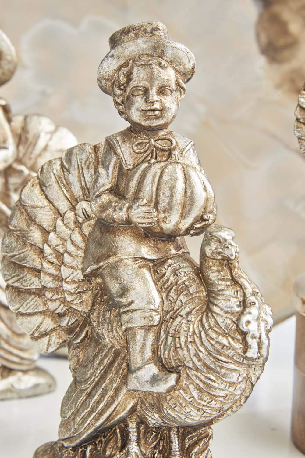 Antique Silver Resin Child Riding Turkey Figurine