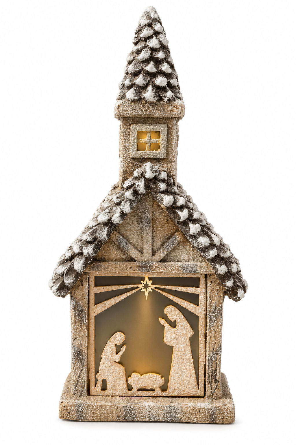 Light-Up Snow-Dusted Church Nativity Tabletop Decor