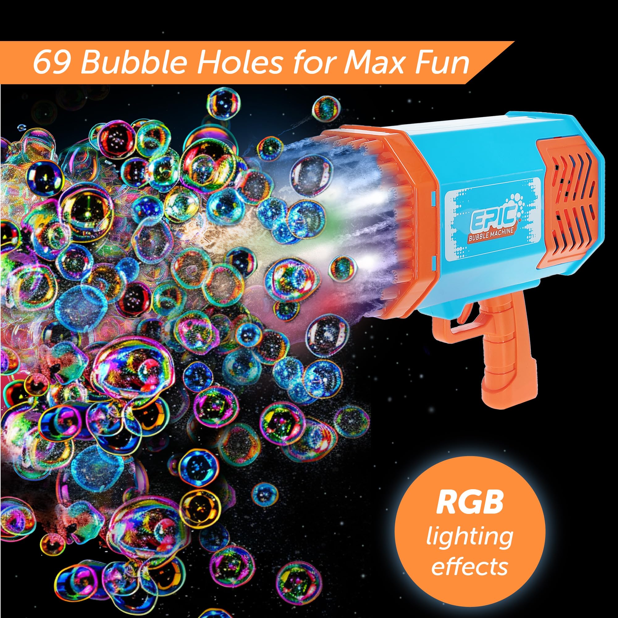 Epic Bubble Machine Gun – Bubble Tray for 69 Bubble Holes – RGB Lighting Effects – USB Rechargeable Battery for Hours of Fun – 2 Bubble Solution Bottles – Outdoor Indoor Toy for Adults Kids