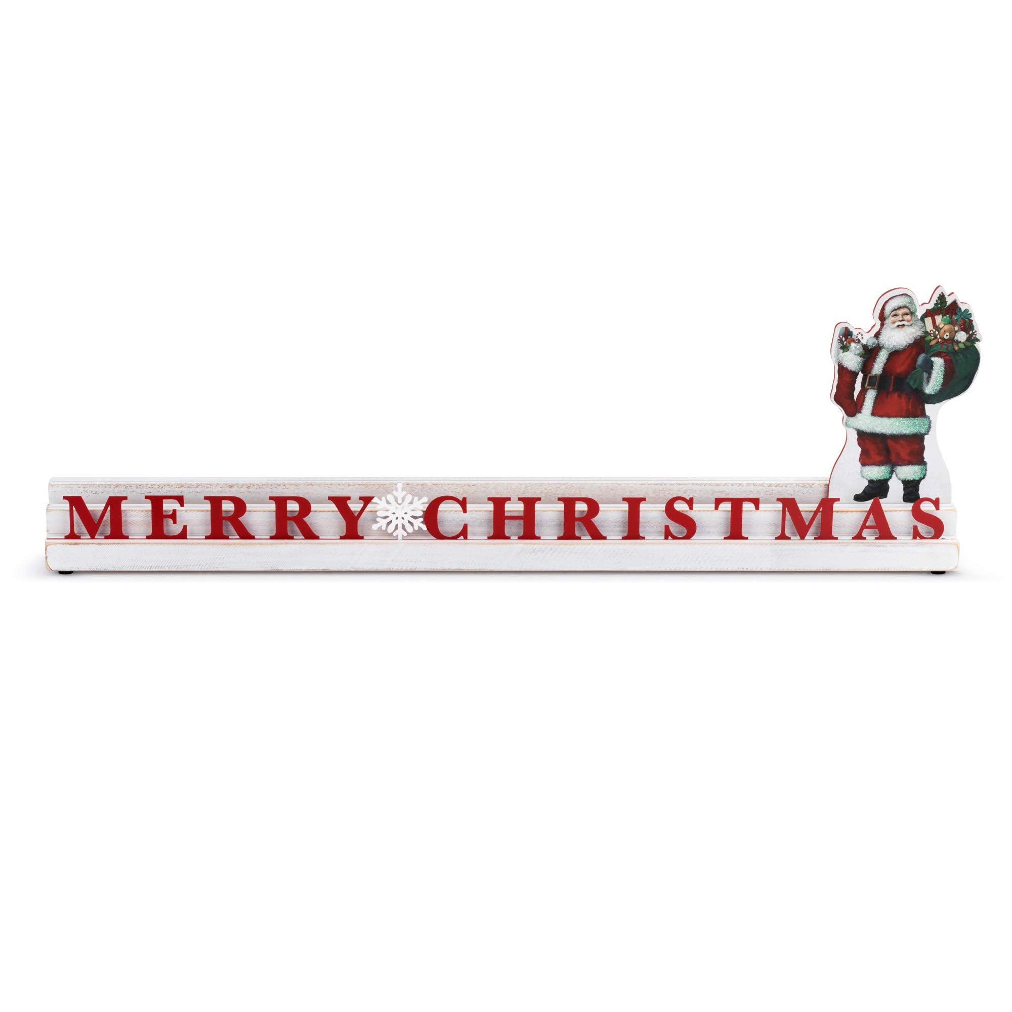 Merry Christmas Whitewash Santa 24 x 2.5 Pine Wood Decorative Tabletop Greeting Card and Photo Holder