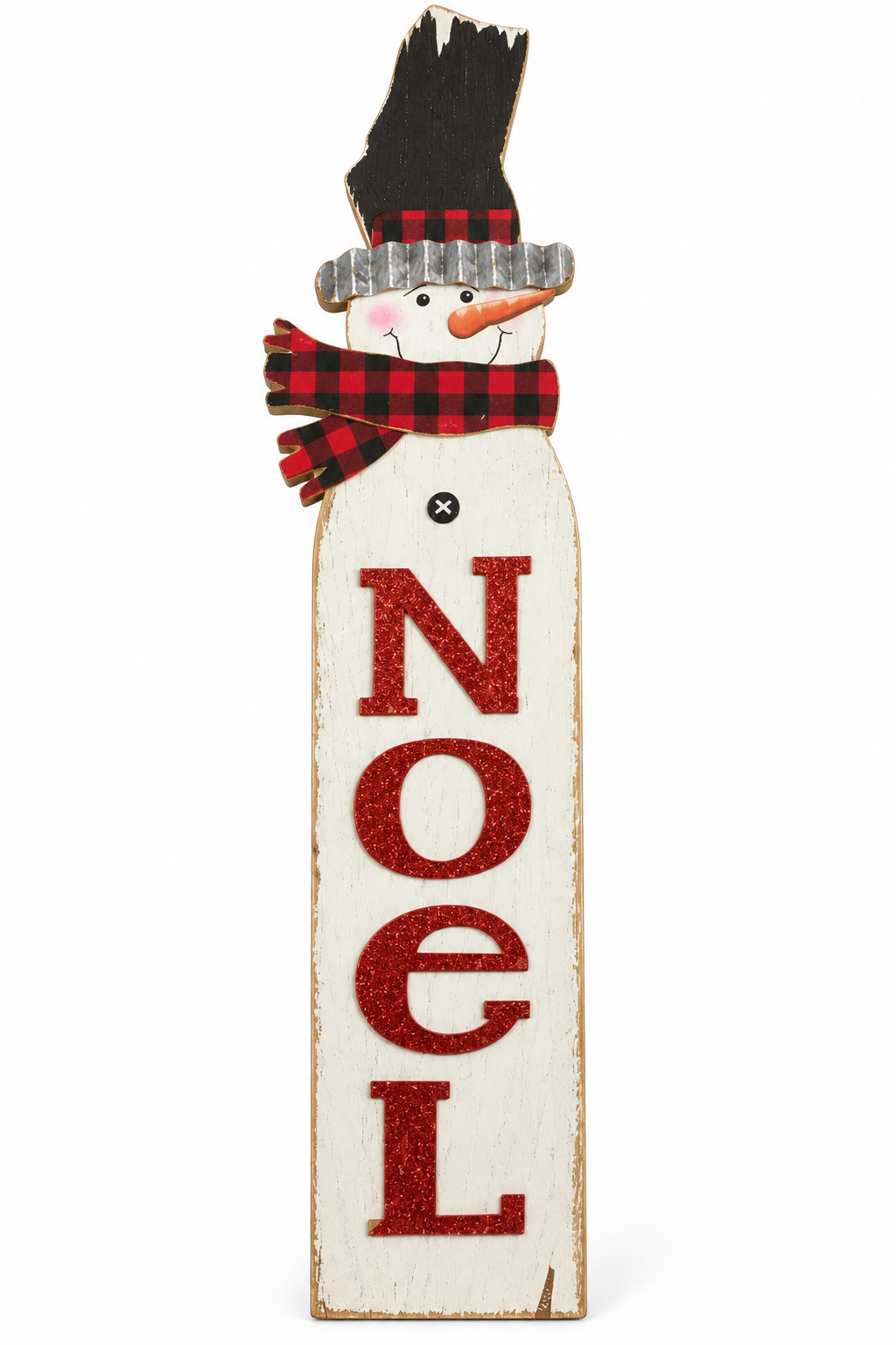 Rustic Snowman "NOEL" Tall Wooden Plank Wall Sign Decor with Galvanized Metal & Red Glitter