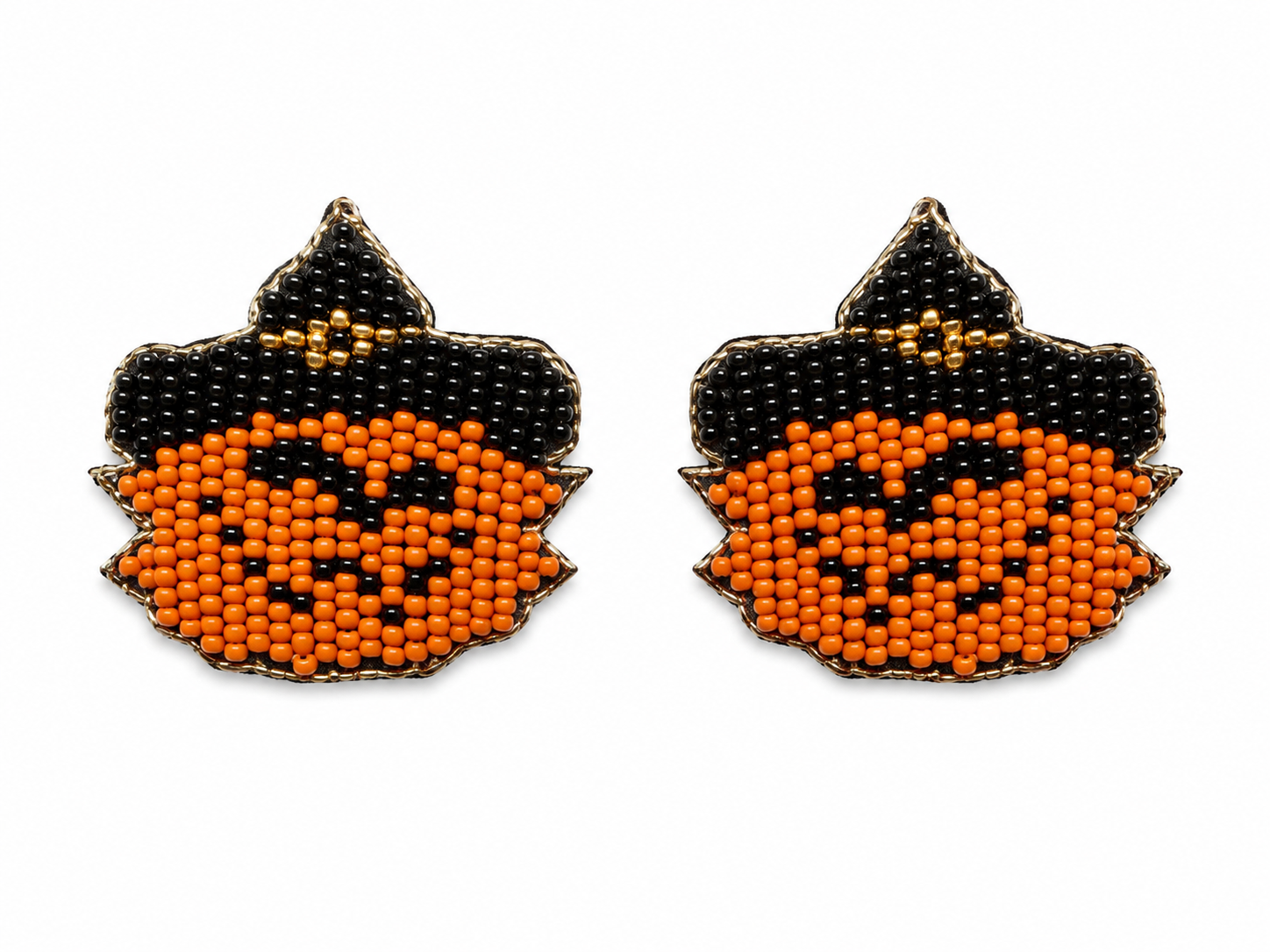 Beaded Jack-O'-Lantern Witch Hat Halloween Dangle Earrings