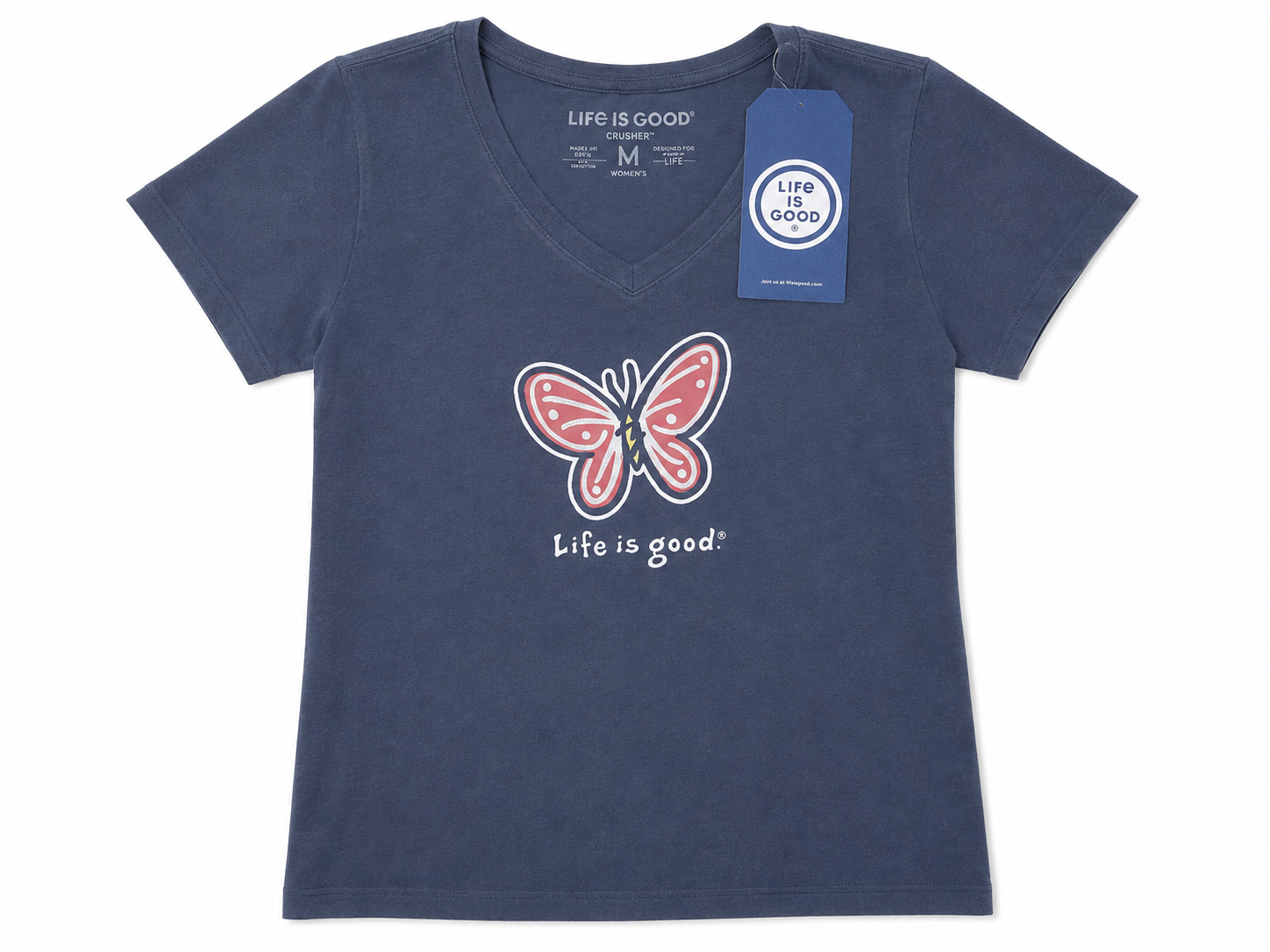 MD Life is Good Women's Pink Butterfly Graphic V-Neck Crusher T-Shirt