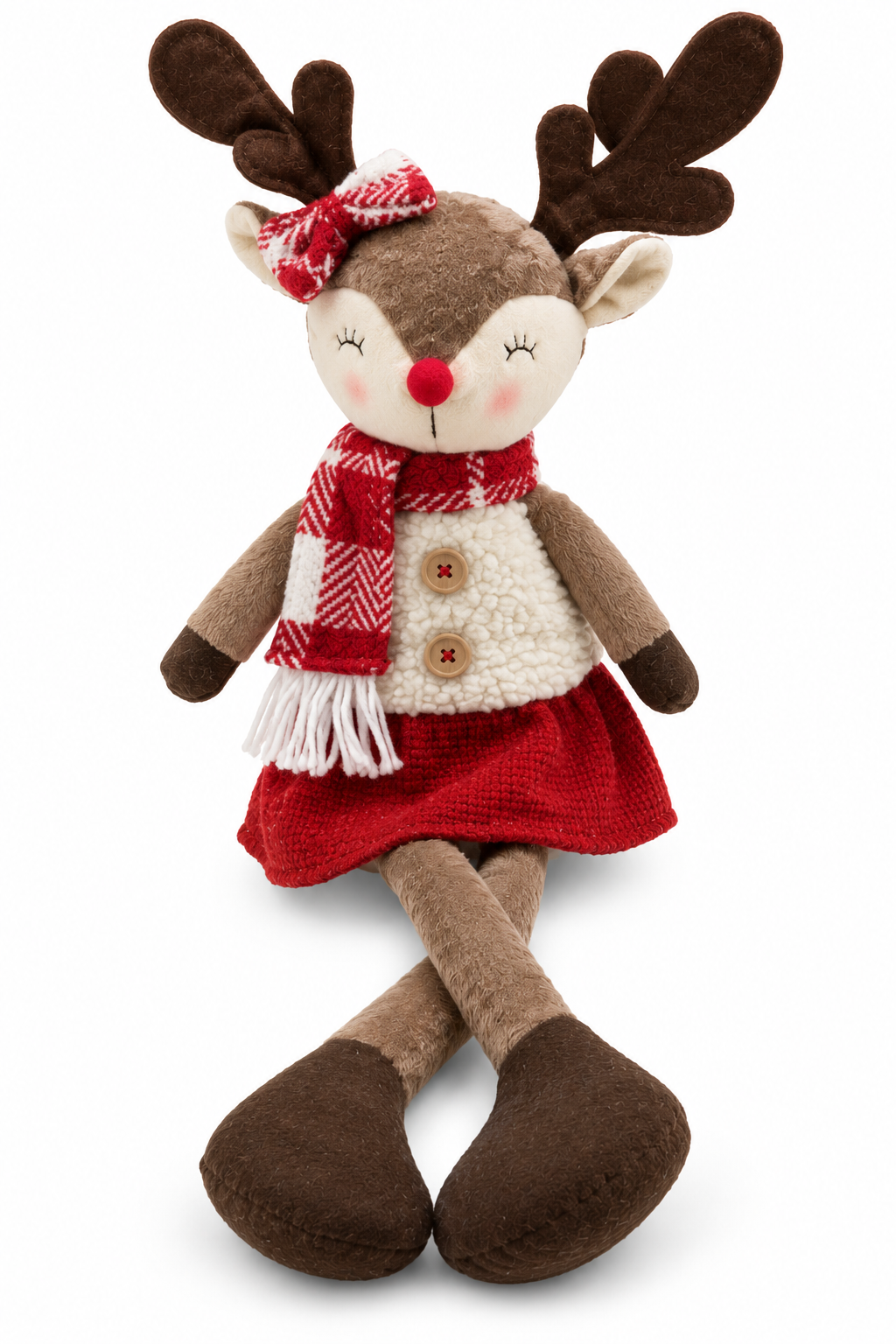 Plush Reindeer Girl Shelf Sitter Figurine Red Skirt Plaid Bow Decor