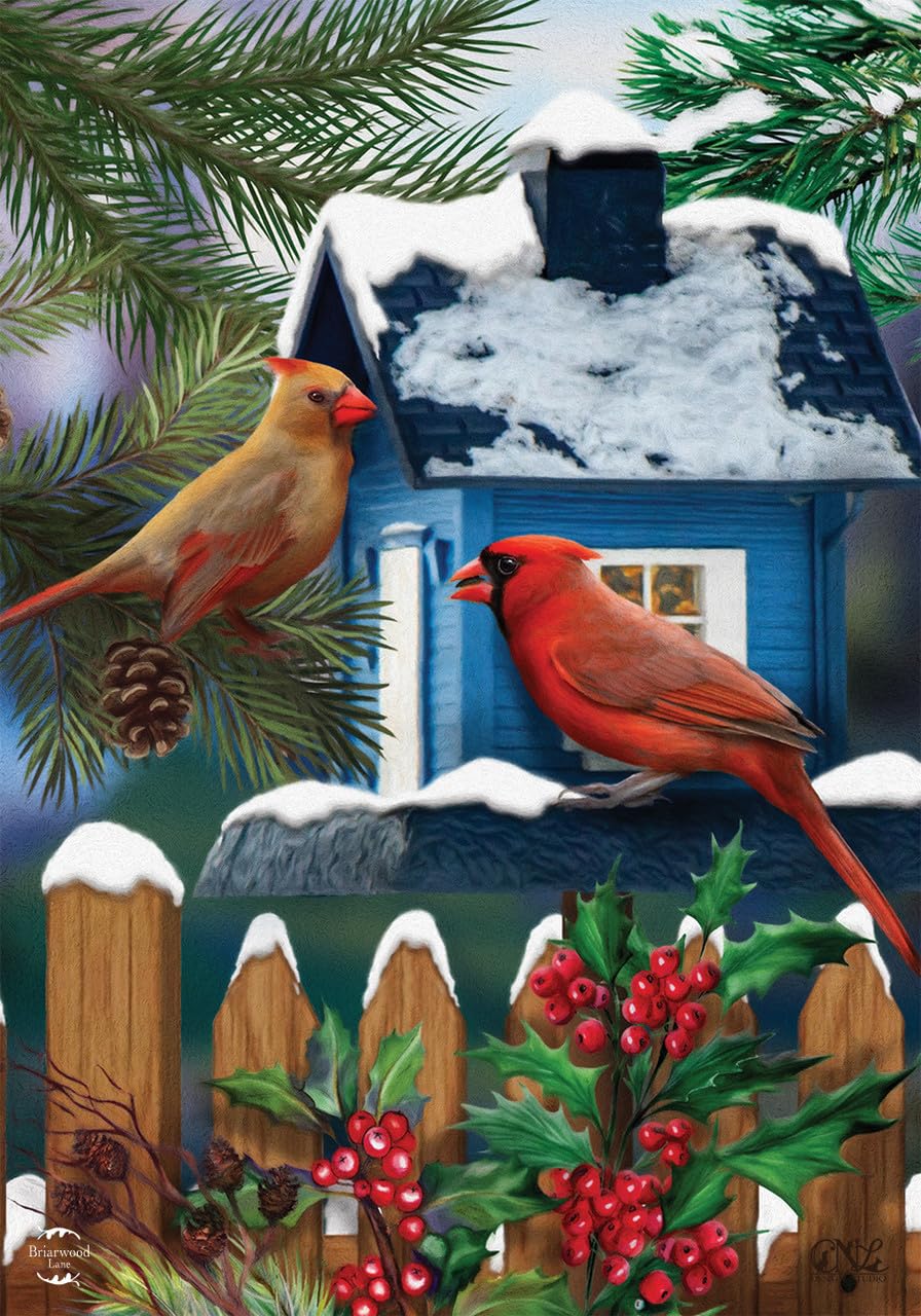 Briarwood Lane 12.5" x 18" Premium Winter Cardinals & Blue House Picket Fence Garden Flag