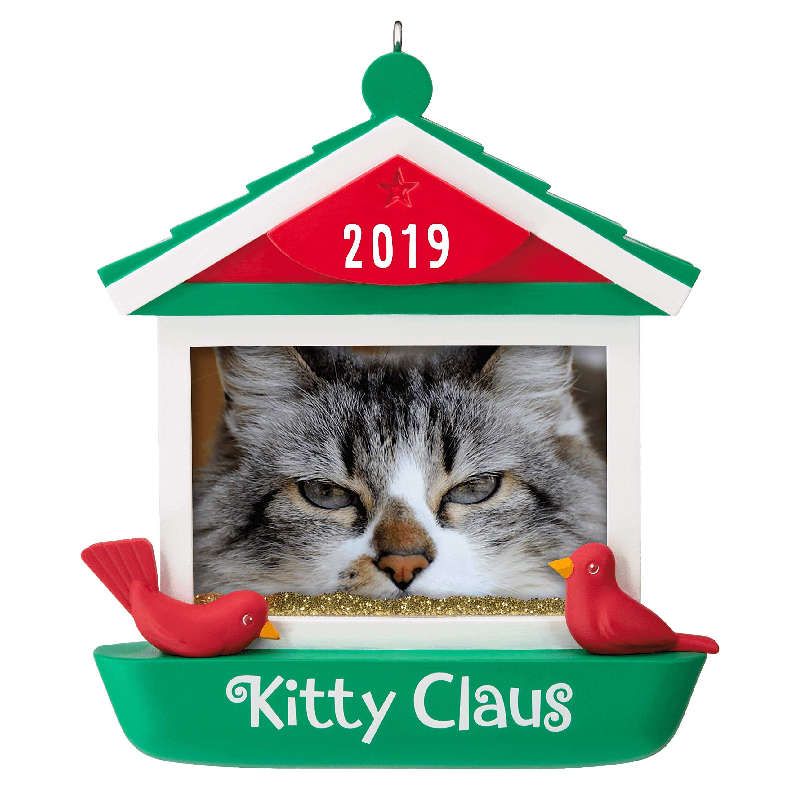 Hallmark Keepsake Christmas Ornament 2019 Year Dated Kitty Claus Cat in Bird Feeder Photo Frame,