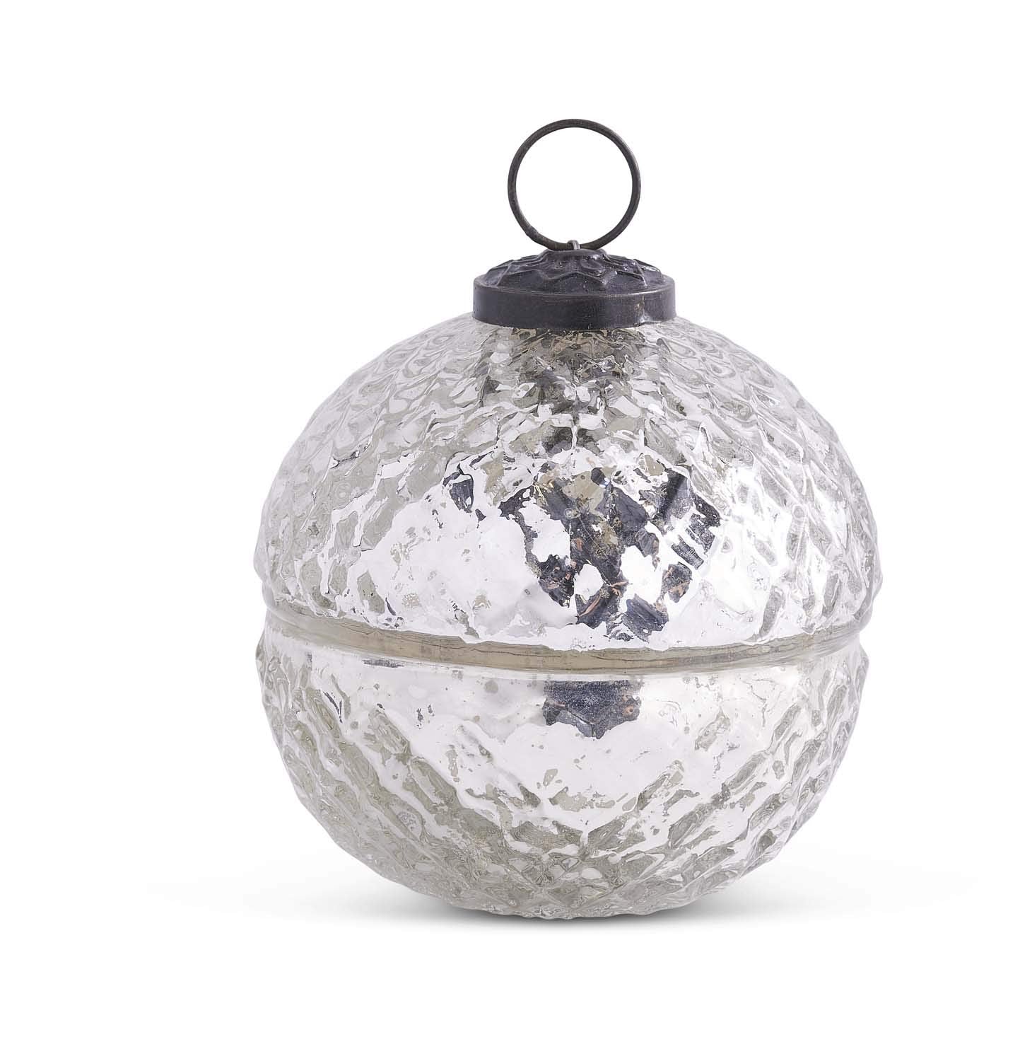 K&K Interiors Winter Wood Scented 3.5 Inch Filled Silver Mercury Glass Lidded Ornament Candles