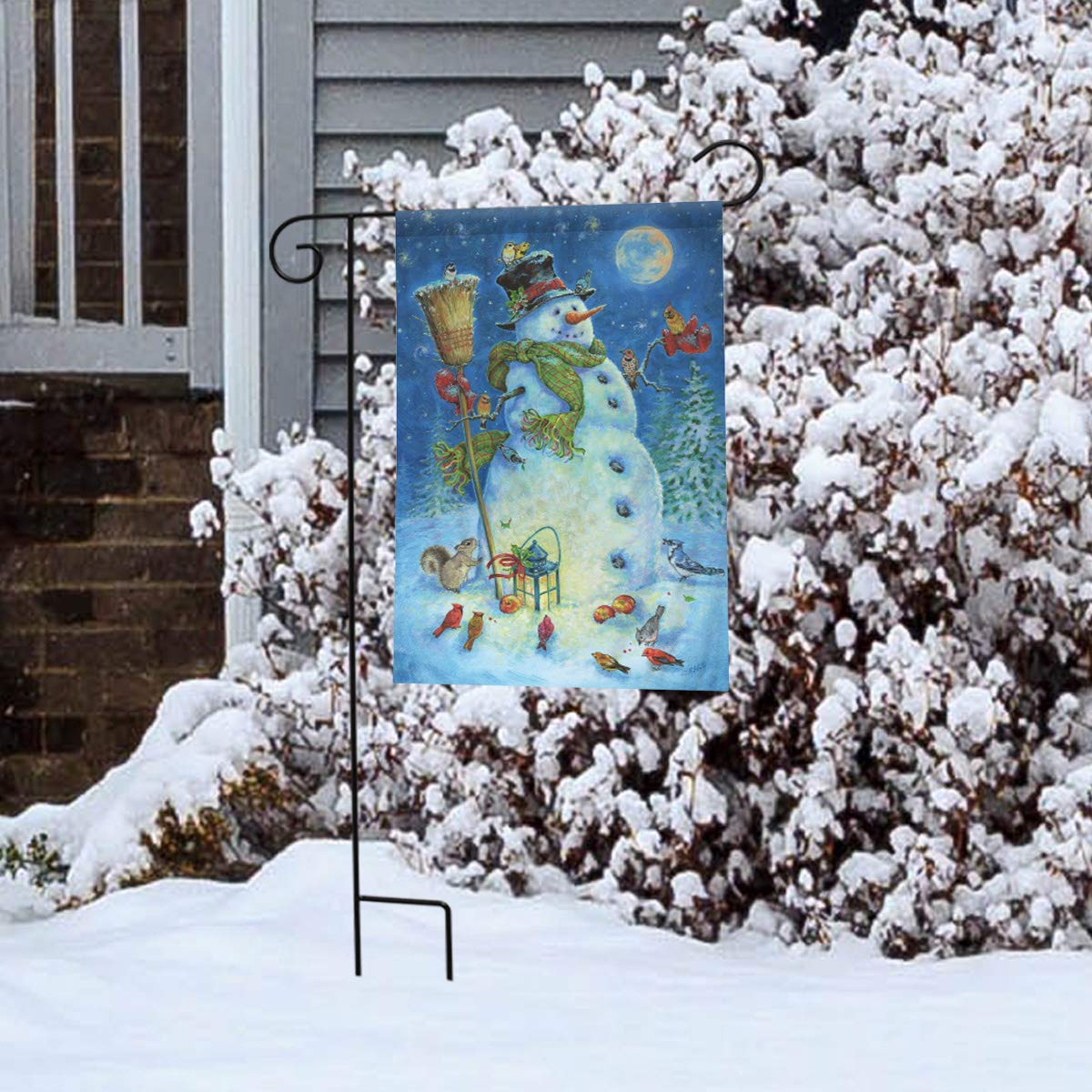 Moonlit Snowman Winter Garden Flag Lantern BIrds 12.5" x 18" Briarwood Lane