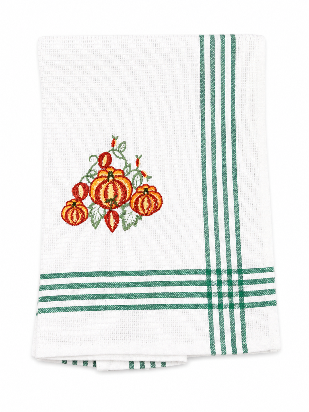 Embroidered Harvest Pumpkin Vine Waffle Weave Tea Towel – Autumn Kitchen Hand Towel with Green Stripes