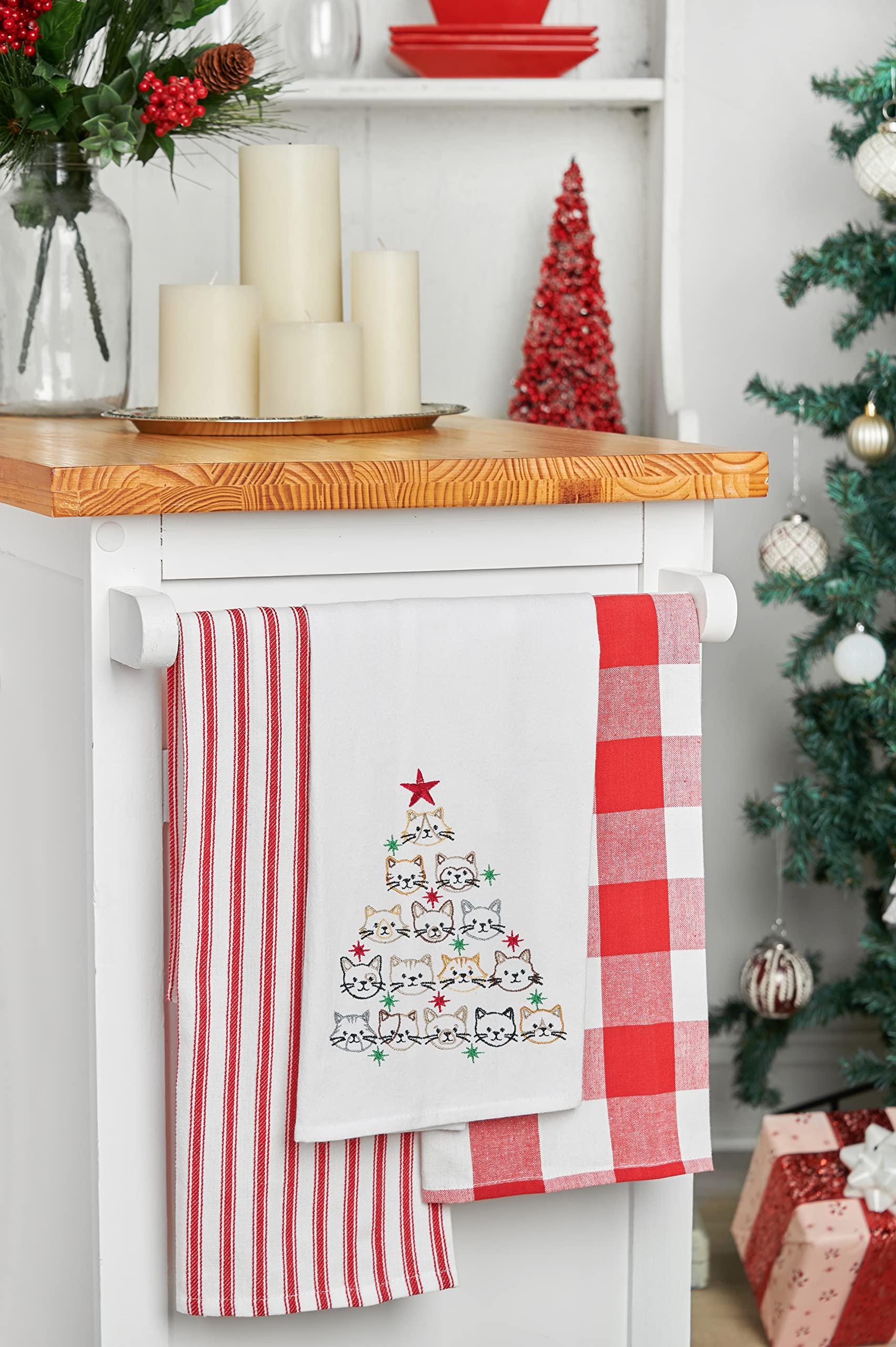 C&F Home Cat Face Christmas Tree Christmas Holiday Machine Washable Cotton Flour Sack Kitchen Towel Decor Decoration 27L x 18W in. 18" x 27" White