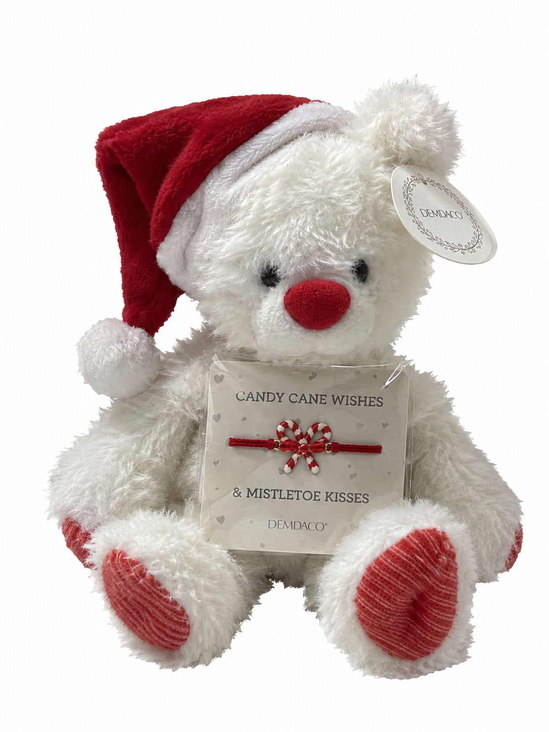 Demdaco Plush Christmas White Teddy Bear with Candy Cane Wishes Bracelet Gift Set
