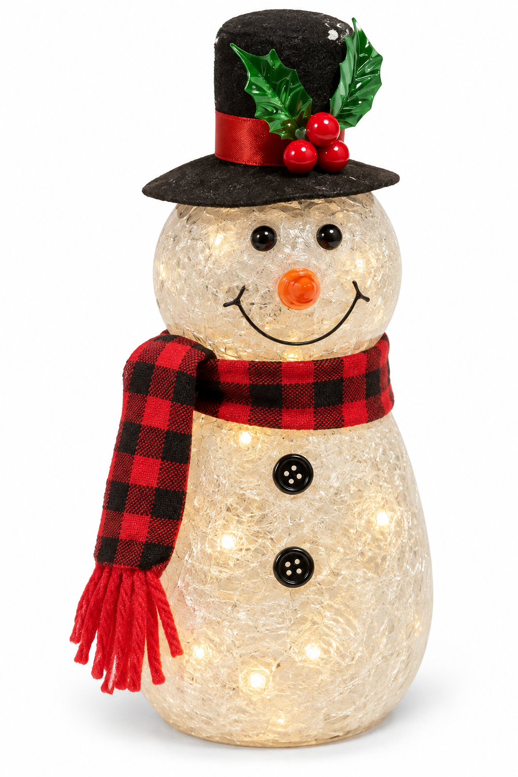 Lighted Crackle Glass Snowman Figurine with Black Top Hat & Red Plaid Scarf