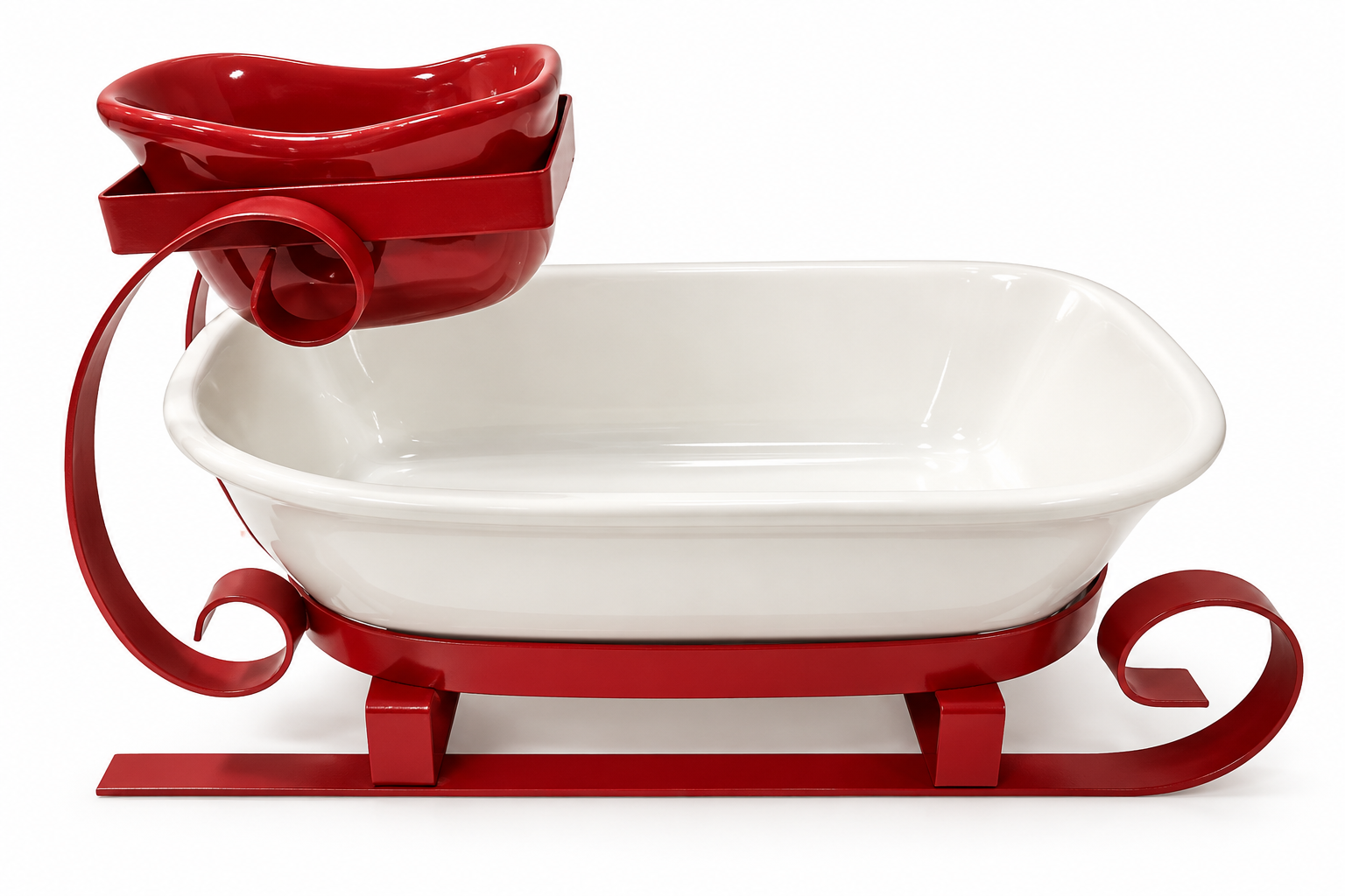 Ceramic Sleigh Chips & Dip Server Set - Red Metal Rack Holiday Dish