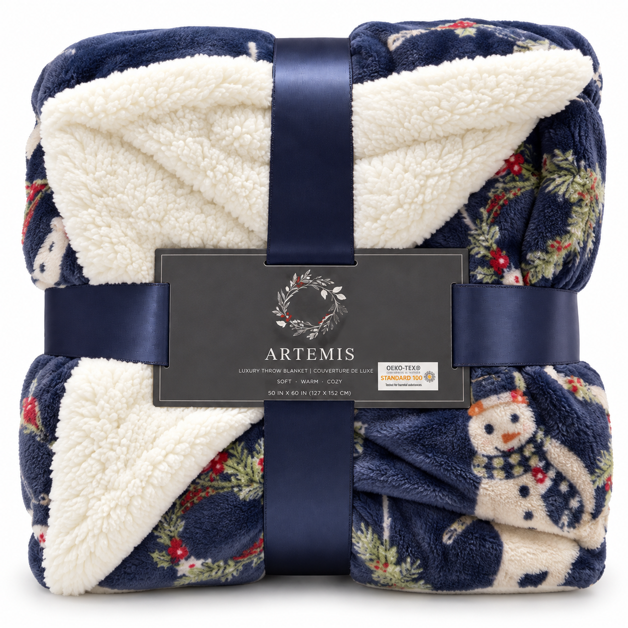 Artemis Navy Blue Plush Sherpa Lined Christmas Wreath Throw Blanket 50" x 60"