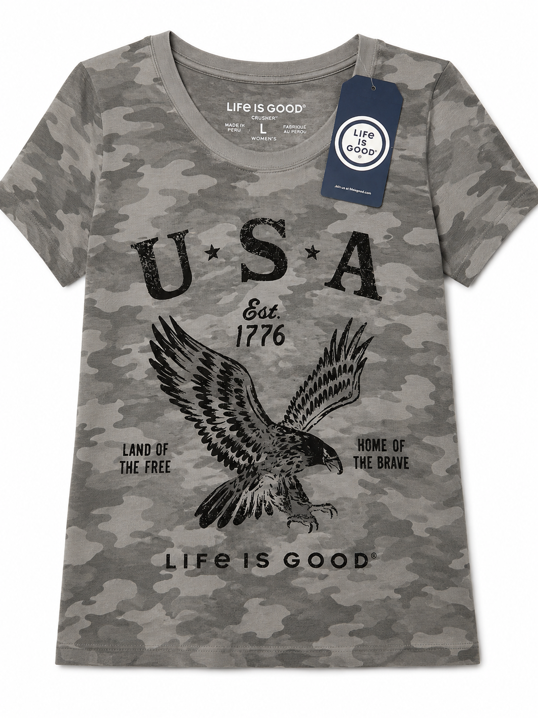 LG Life is Good Men's "USA Est 1776" Eagle Camo Graphic Crusher Crewneck T-Shirt (Gray Camouflage, Size L)