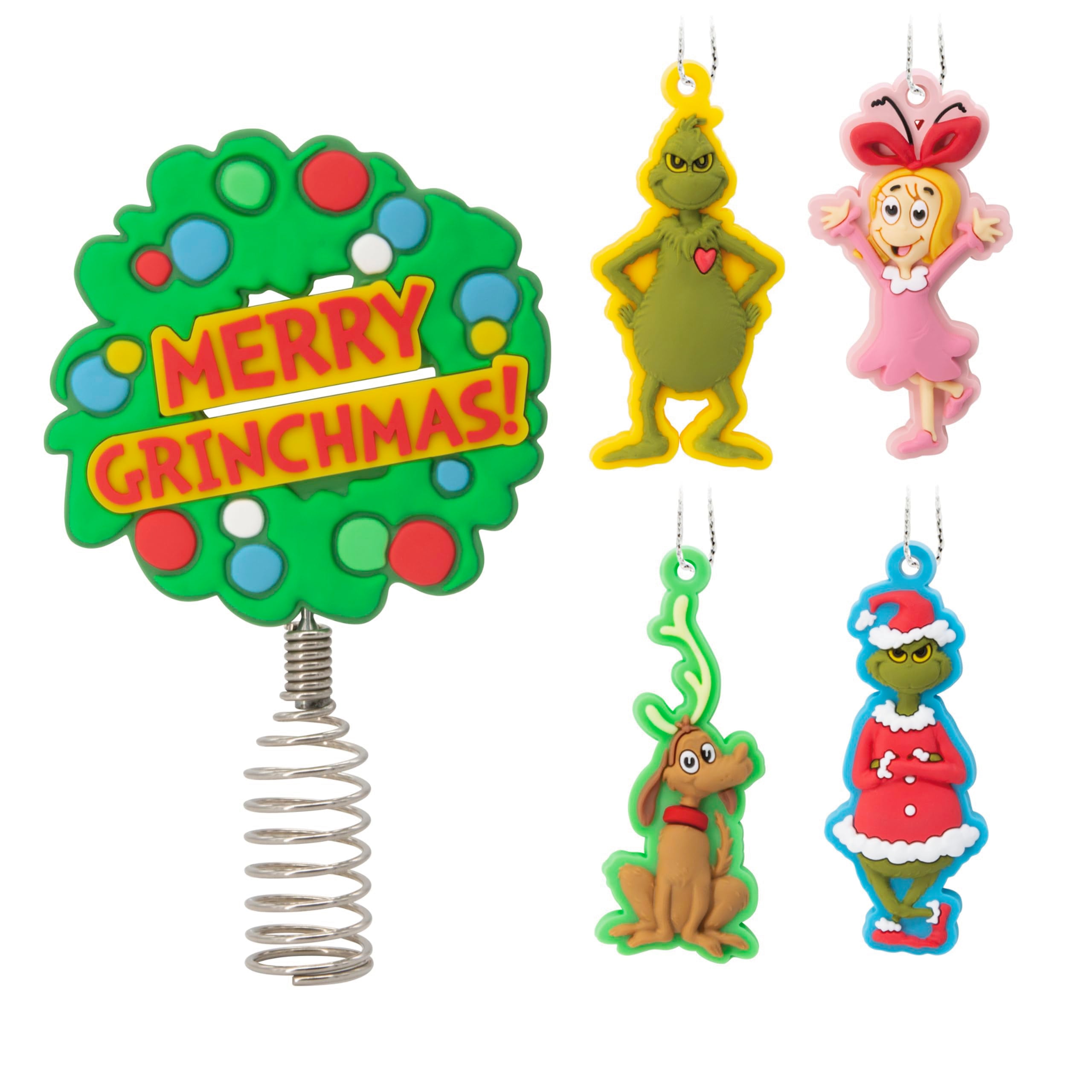 Hallmark Dr. Seuss's How the Grinch Stole Christmas! 5" Miniature Christmas Tree Topper and Mini Ornaments, Set of 5, Shatterproof